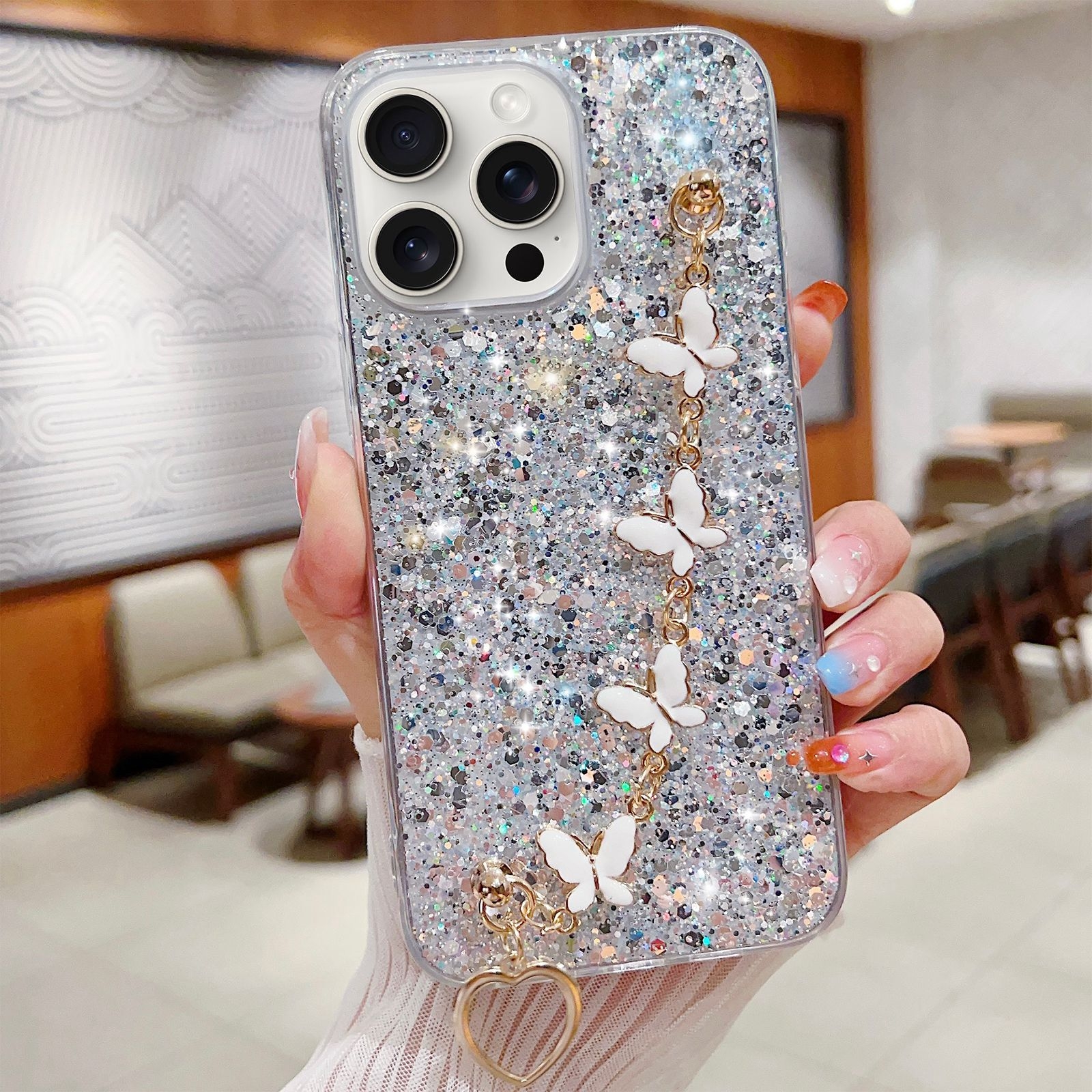 For iPhone 13 Pro Starry Sequin Butterfly Chain Epoxy TPU Phone Case(Silver) - Shopkiz.com