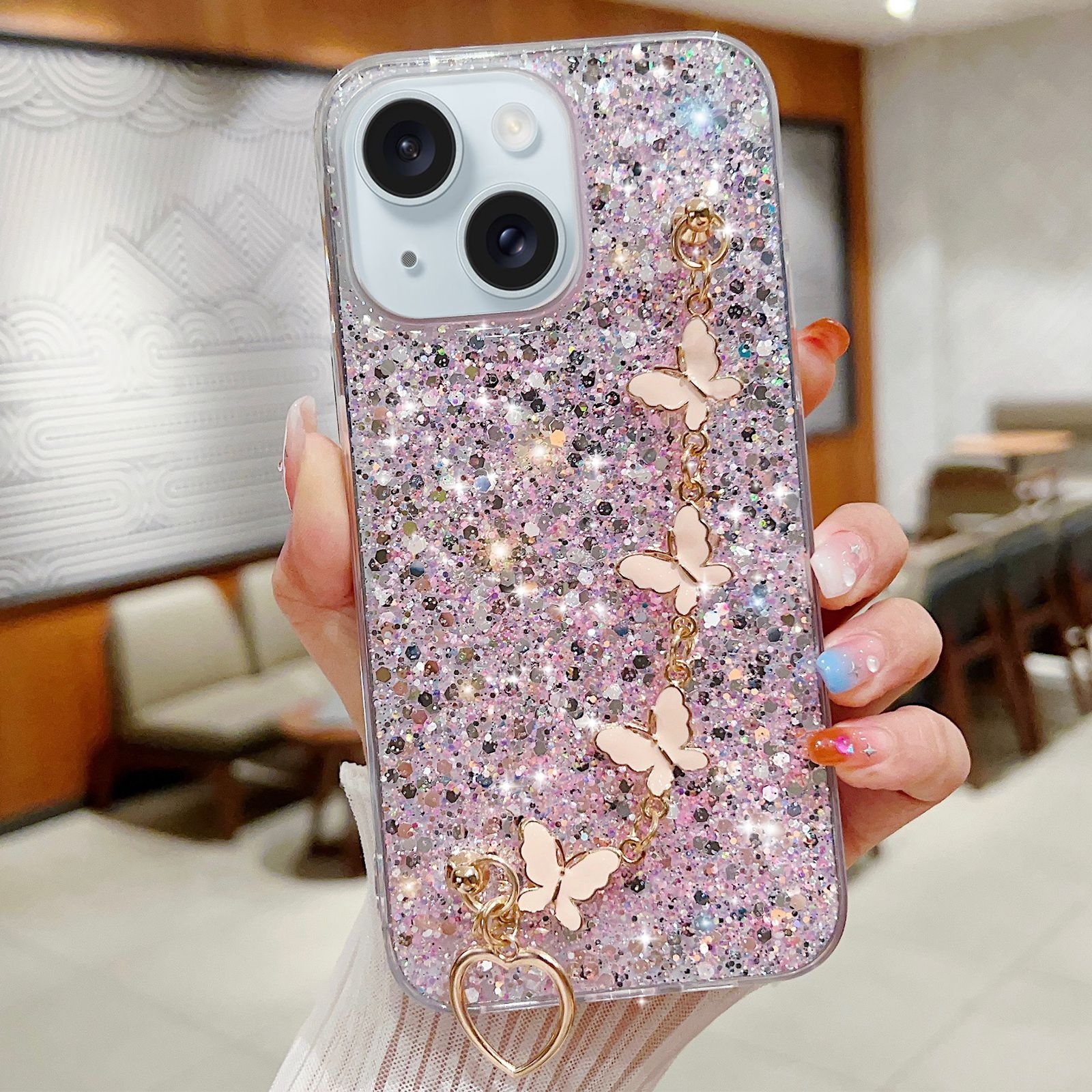 For iPhone 13 Starry Sequin Butterfly Chain Epoxy TPU Phone Case(Pink) - Shopkiz.com