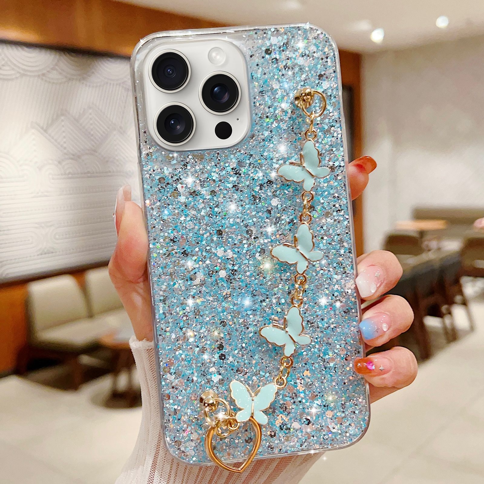 For iPhone 11 Pro Max Starry Sequin Butterfly Chain Epoxy TPU Phone Case(Blue) - Shopkiz.com