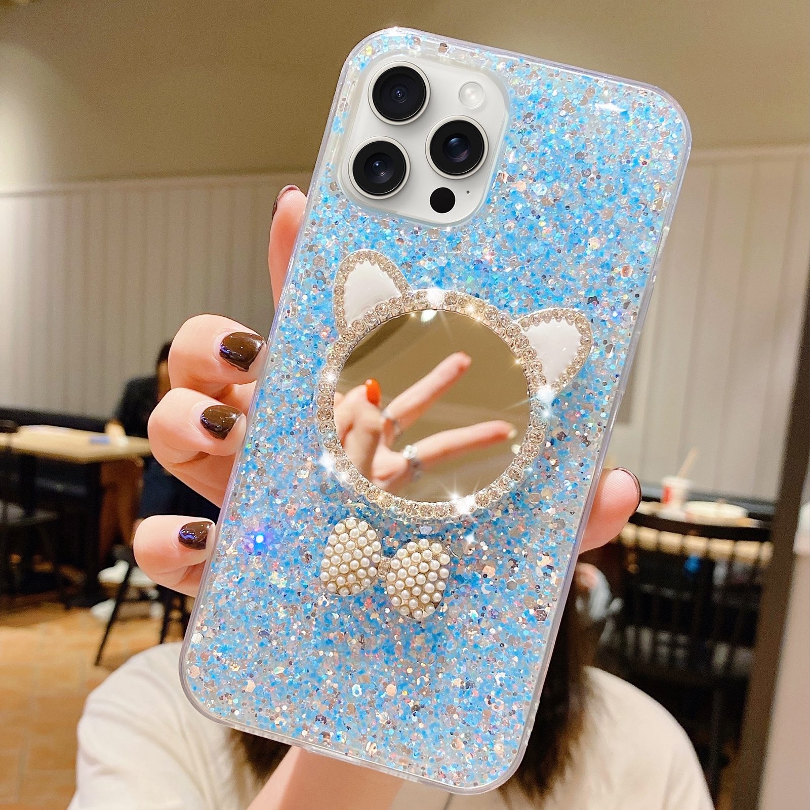 For iPhone 15 Pro Max Starry Sequin Diamond Cat Ears Mirror Epoxy TPU Phone Case(Blue) - Shopkiz.com