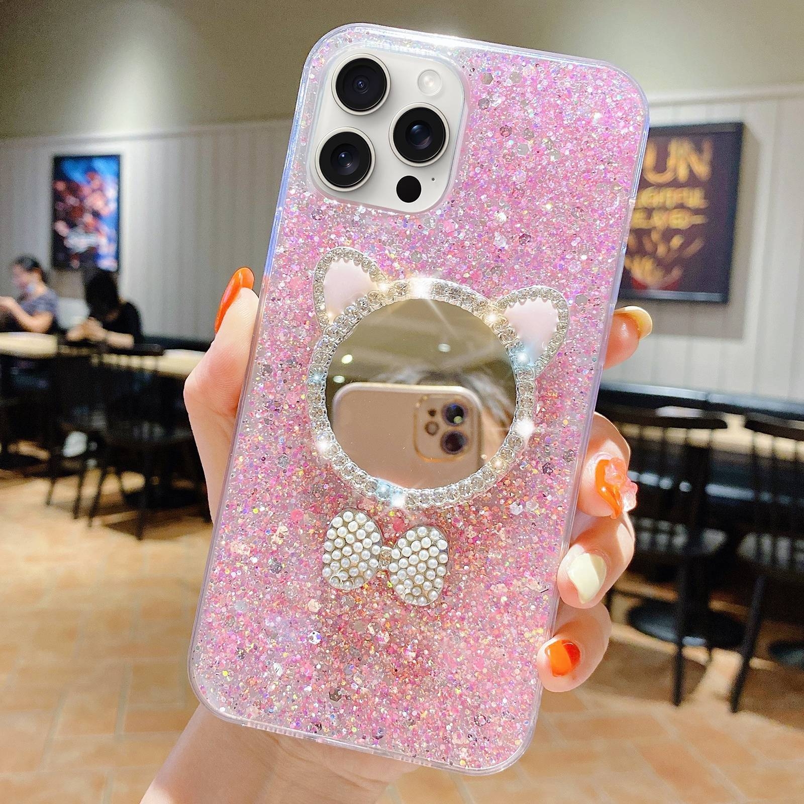 For iPhone 15 Pro Max Starry Sequin Diamond Cat Ears Mirror Epoxy TPU Phone Case(Pink) - Shopkiz.com