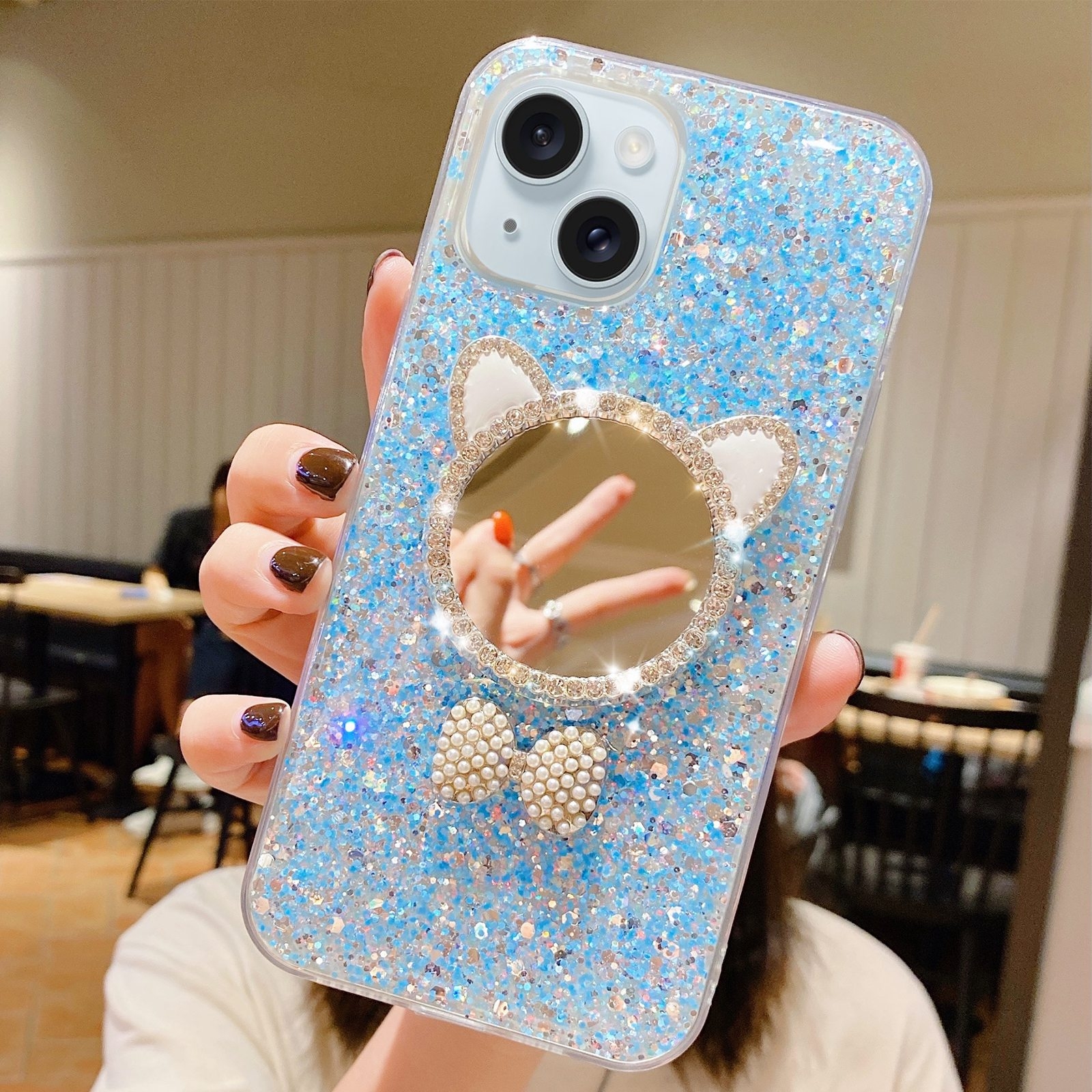 For iPhone 15 Starry Sequin Diamond Cat Ears Mirror Epoxy TPU Phone Case(Blue) - Shopkiz.com