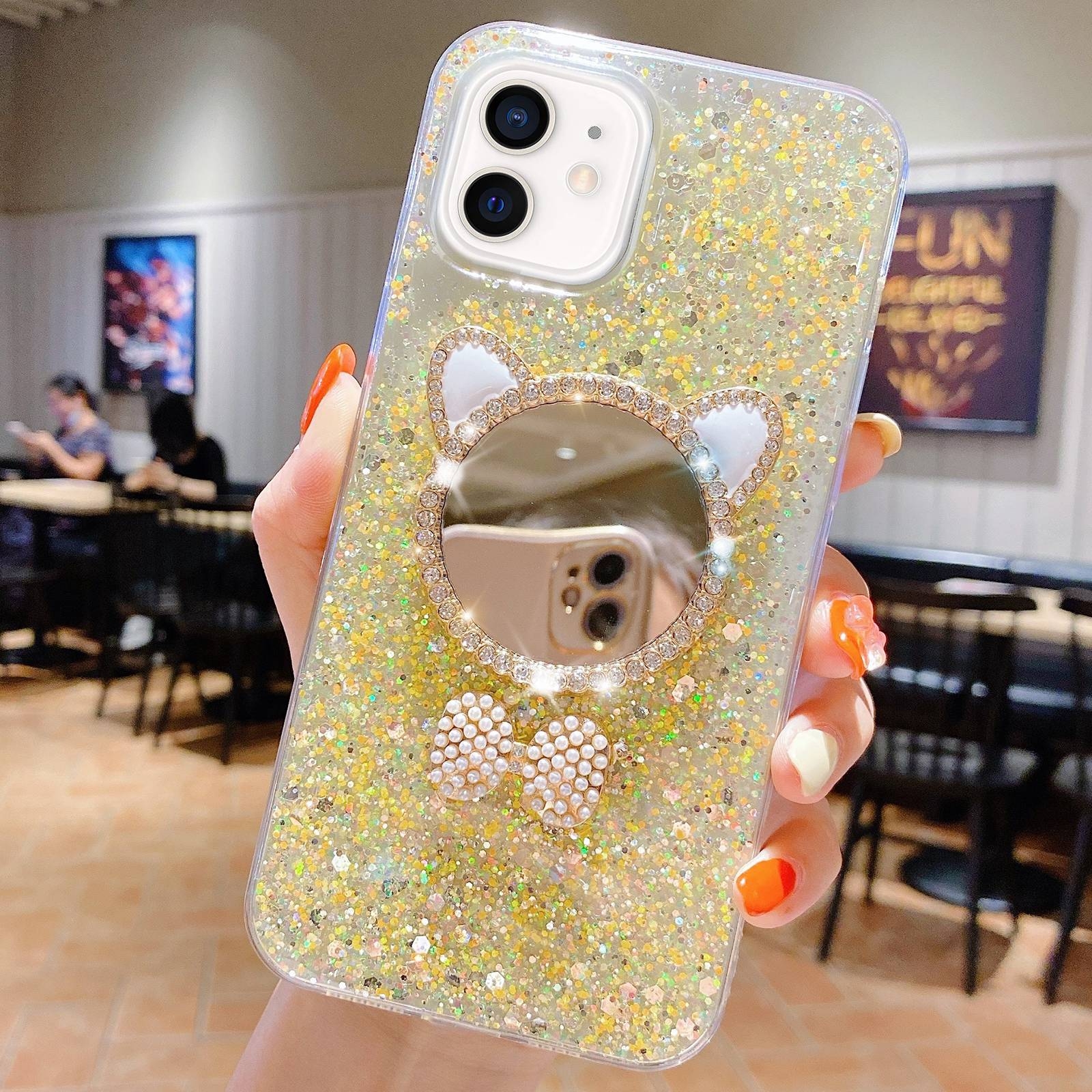 For iPhone 12 mini Starry Sequin Diamond Cat Ears Mirror Epoxy TPU Phone Case(Yellow) - Shopkiz.com