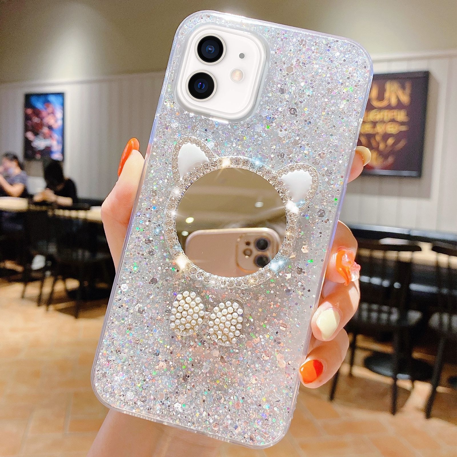 For iPhone 12 mini Starry Sequin Diamond Cat Ears Mirror Epoxy TPU Phone Case(Silver) - Shopkiz.com