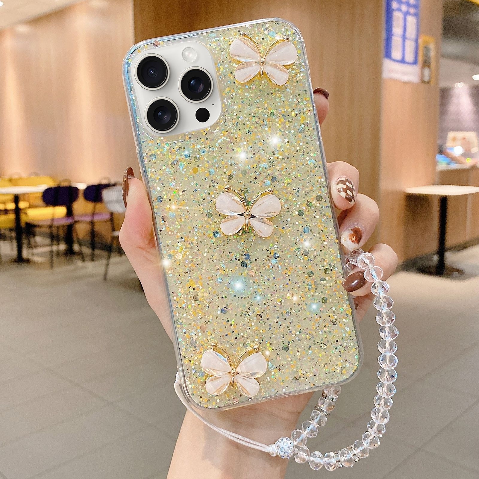 For iPhone 15 Pro Max Starry Sequin Jade Butterfly Epoxy TPU Phone Case with Strap(Yellow) - Shopkiz.com