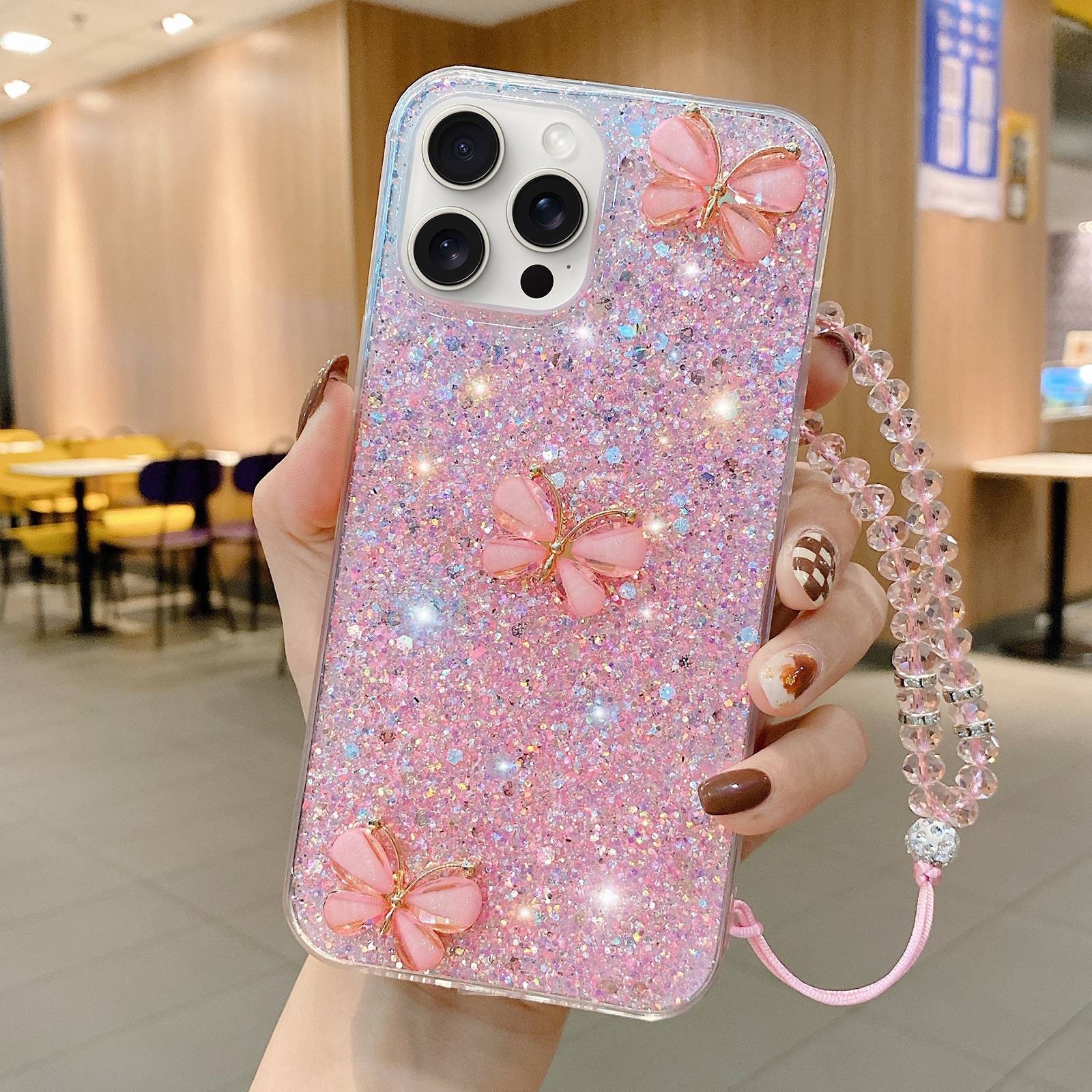 For iPhone 15 Pro Starry Sequin Jade Butterfly Epoxy TPU Phone Case with Strap(Pink) - Shopkiz.com