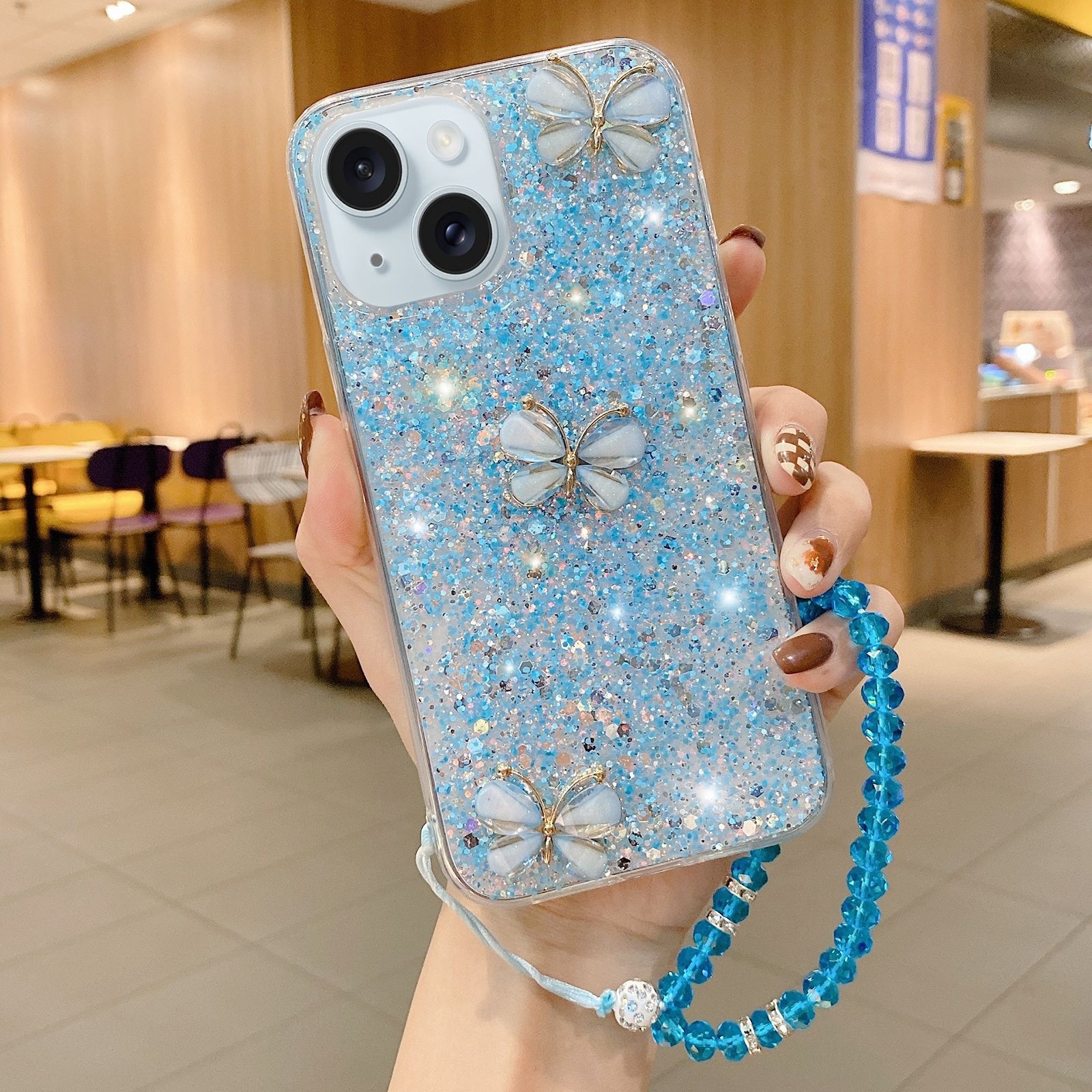 For iPhone 15 Starry Sequin Jade Butterfly Epoxy TPU Phone Case with Strap(Blue) - Shopkiz.com