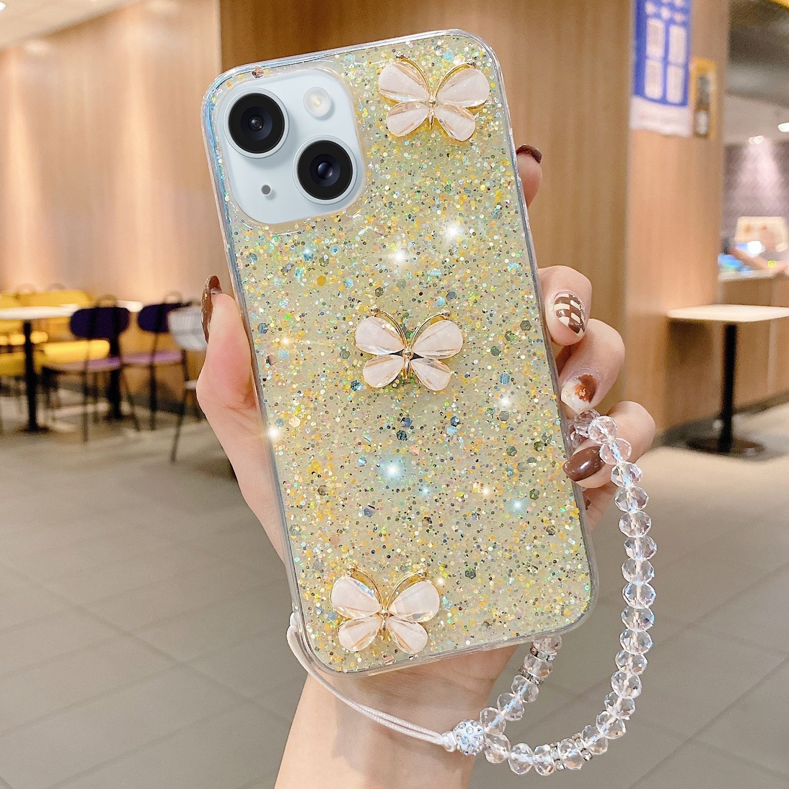 For iPhone 13 Starry Sequin Jade Butterfly Epoxy TPU Phone Case with Strap(Yellow) - Shopkiz.com