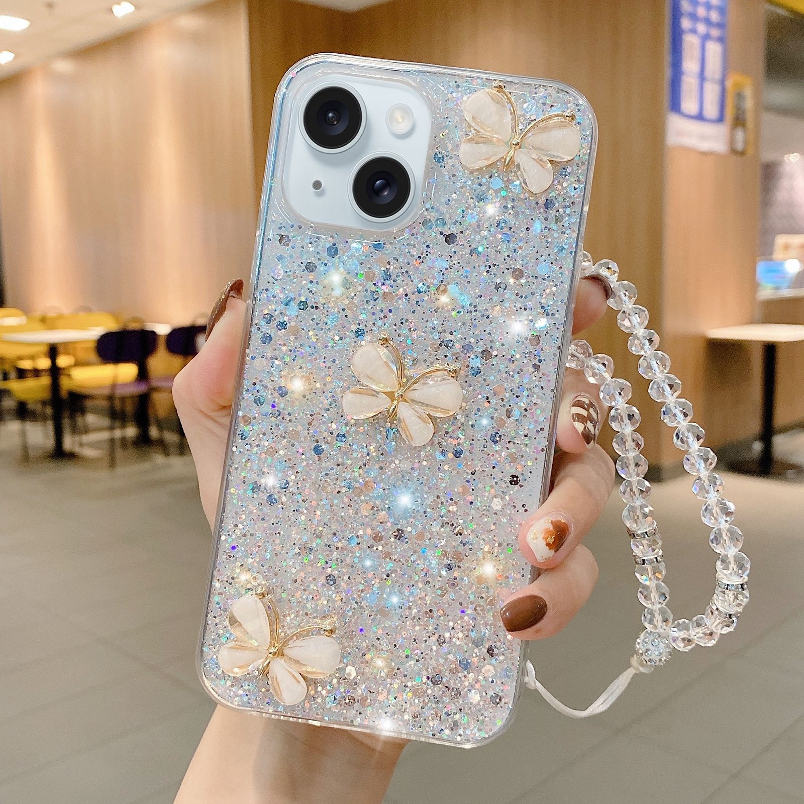 For iPhone 13 mini Starry Sequin Jade Butterfly Epoxy TPU Phone Case with Strap(Silver) - Shopkiz.com