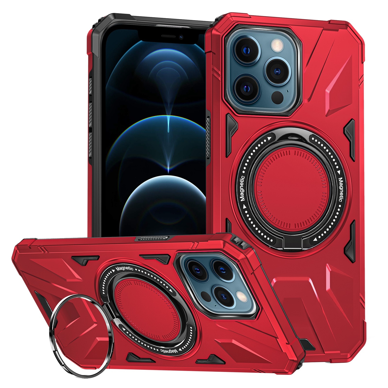 For iPhone 12 Pro Max MagSafe Magnetic Shockproof Phone Case with Ring Holder(Red) - Shopkiz.com