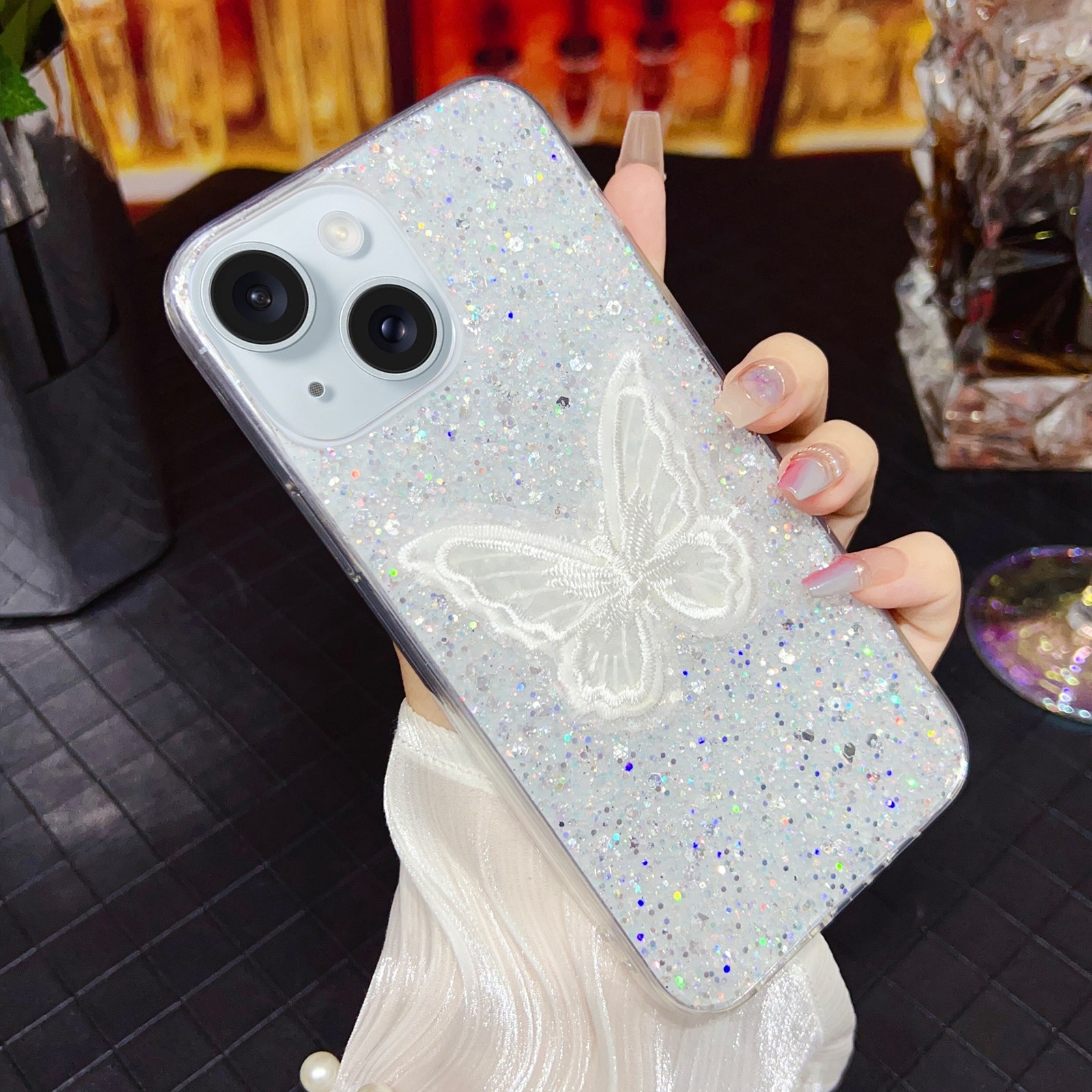 For iPhone 13 mini Starry Sequin Embroidered Butterfly Epoxy TPU Phone Case(Silver) - Shopkiz.com