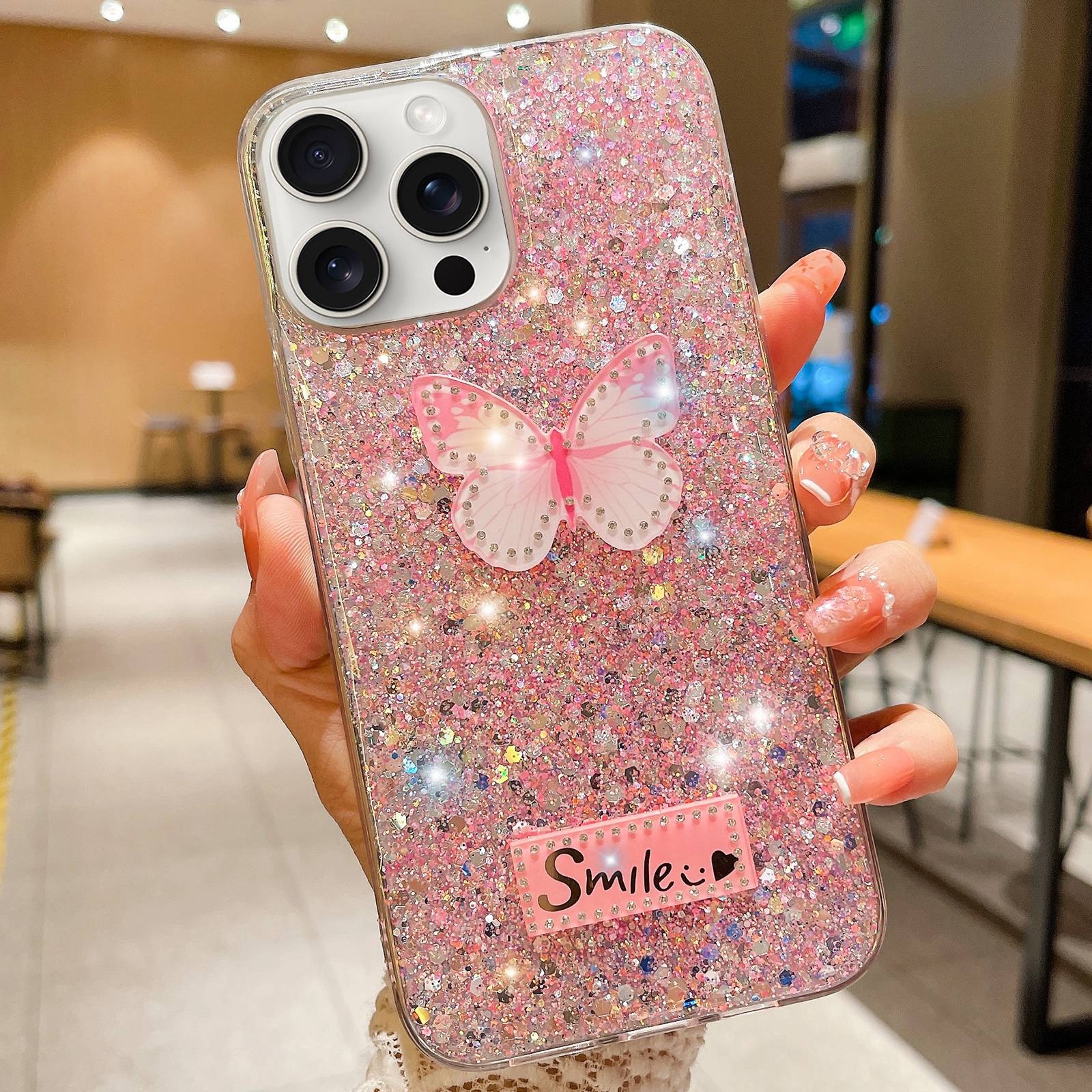 For iPhone 14 Pro Max Starry Sequin Rhinestones Butterfly Epoxy TPU Phone Case(Pink) - Shopkiz.com