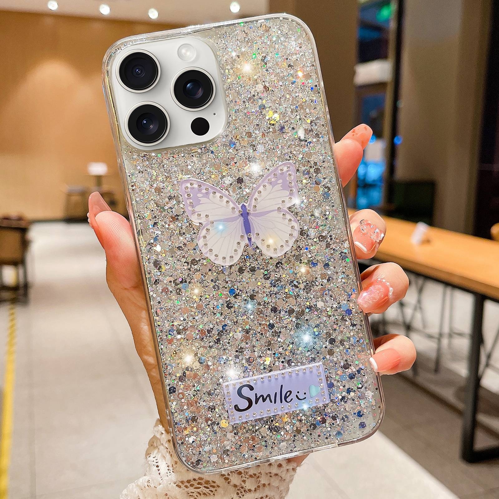 For iPhone 13 Pro Starry Sequin Rhinestones Butterfly Epoxy TPU Phone Case(Silver) - Shopkiz.com