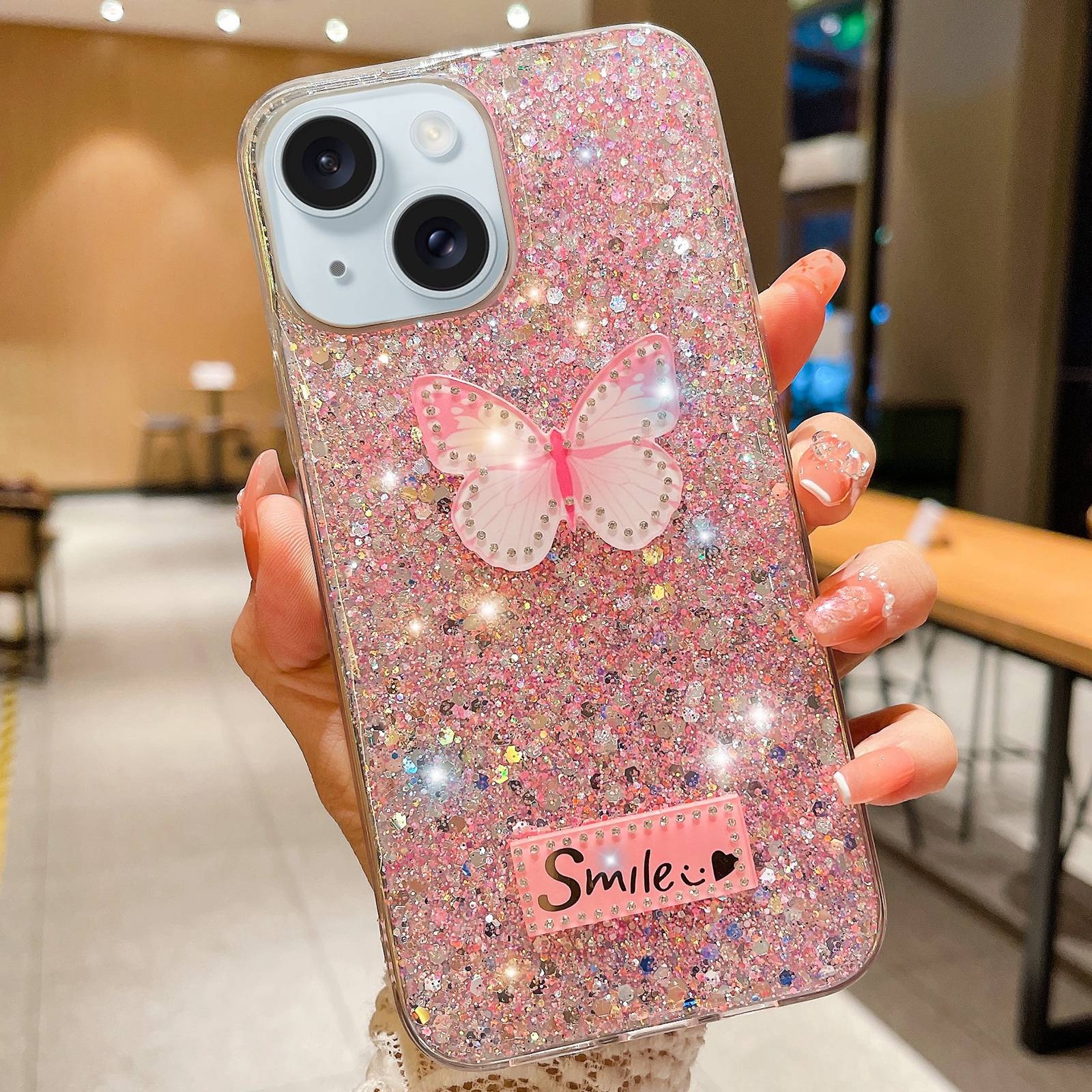 For iPhone 13 Starry Sequin Rhinestones Butterfly Epoxy TPU Phone Case(Pink) - Shopkiz.com