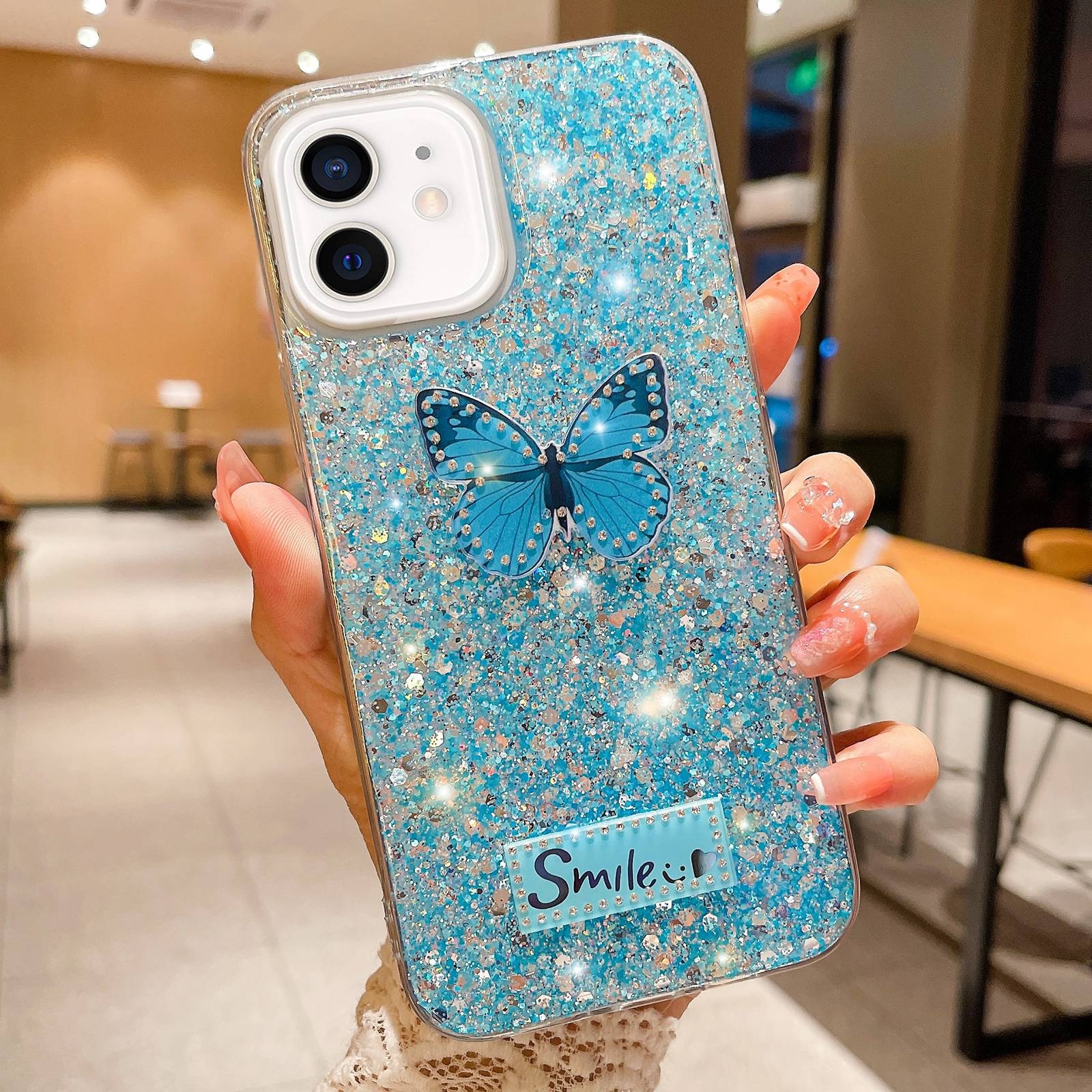 For iPhone 12 Starry Sequin Rhinestones Butterfly Epoxy TPU Phone Case(Blue) - Shopkiz.com