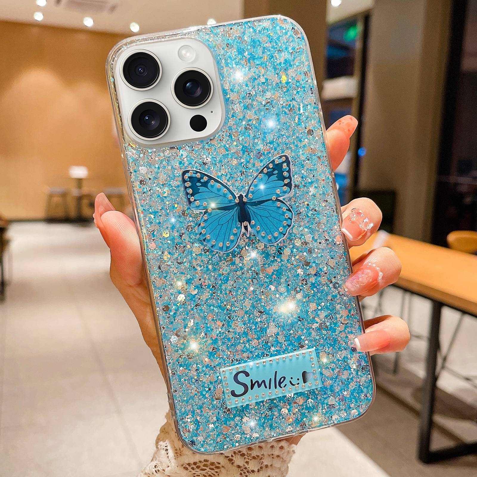 For iPhone 11 Pro Max Starry Sequin Rhinestones Butterfly Epoxy TPU Phone Case(Blue) - Shopkiz.com