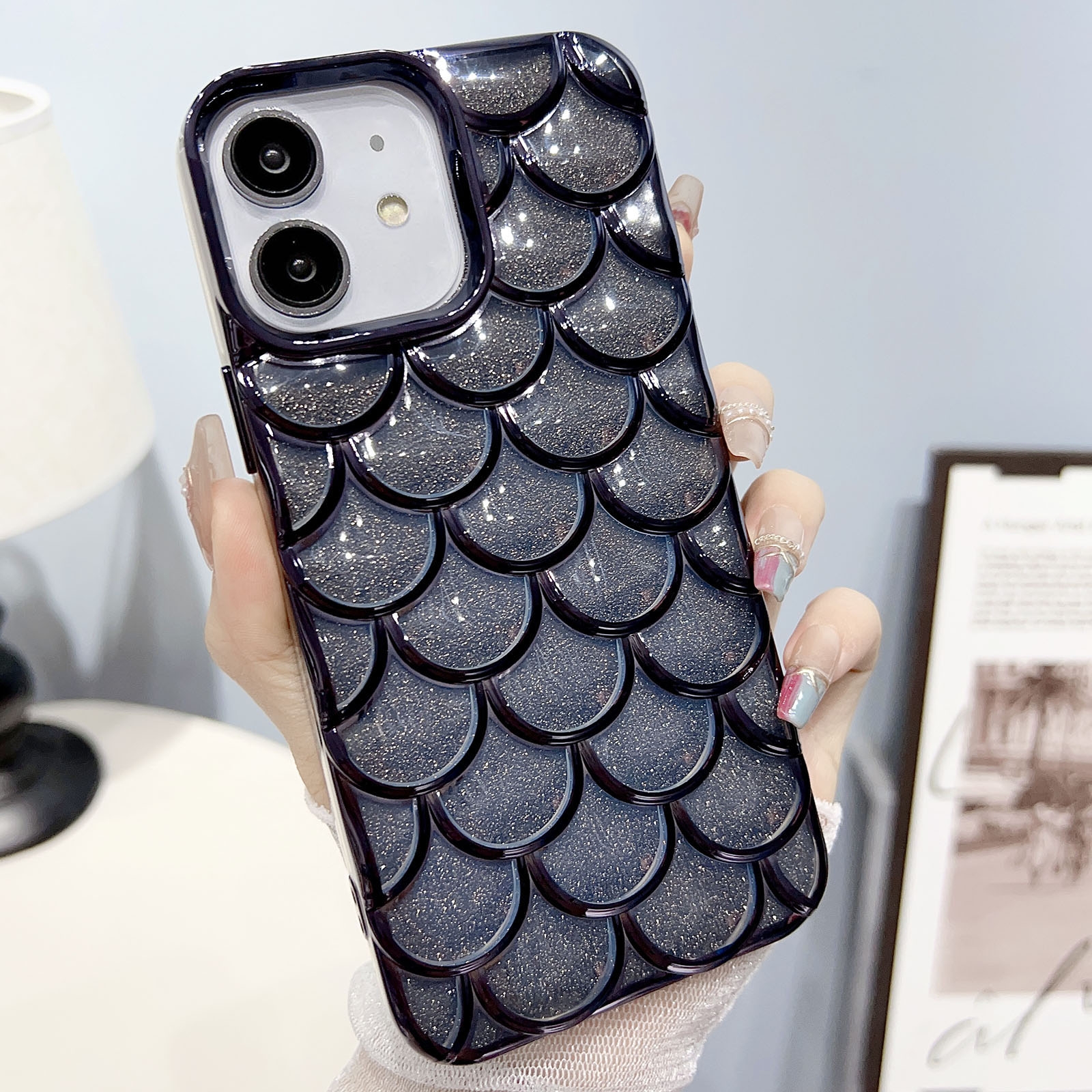 For iPhone 12 Mermaid Scale Electroplated Glitter Paper Phone Case(Black) - Shopkiz.com