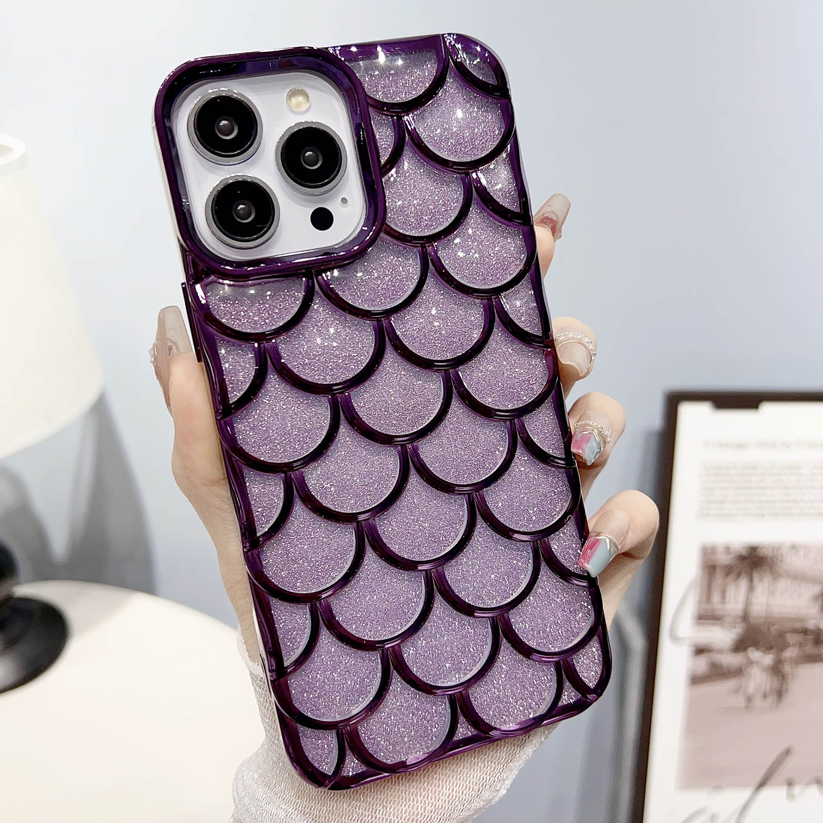 For iPhone 12 Pro Max Mermaid Scale Electroplated Glitter Paper Phone Case(Purple) - Shopkiz.com
