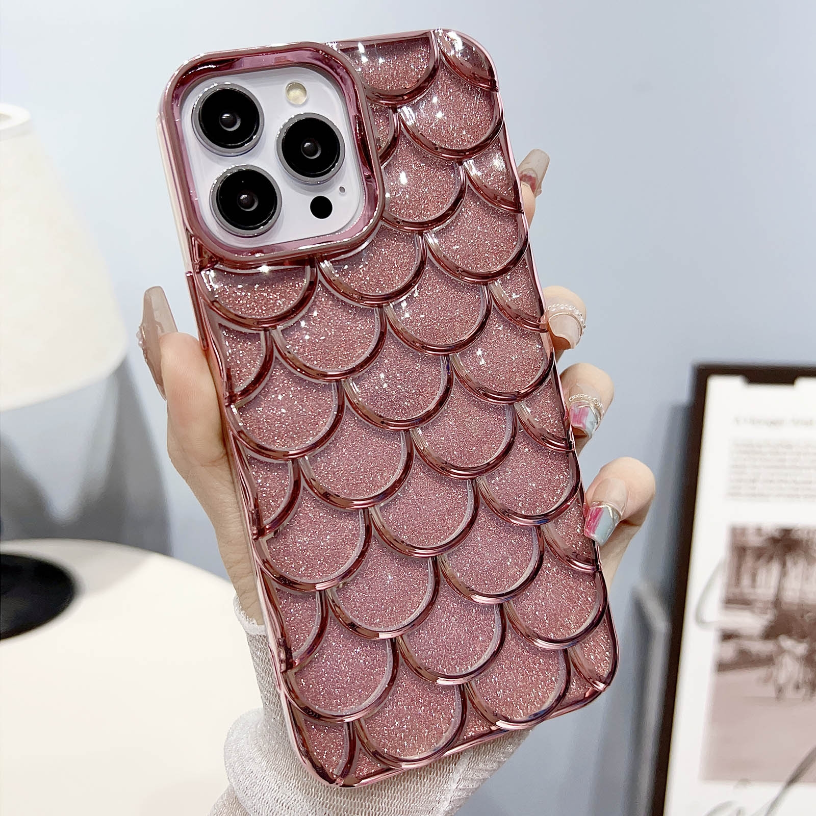 For iPhone 12 Pro Max Mermaid Scale Electroplated Glitter Paper Phone Case(Pink) - Shopkiz.com
