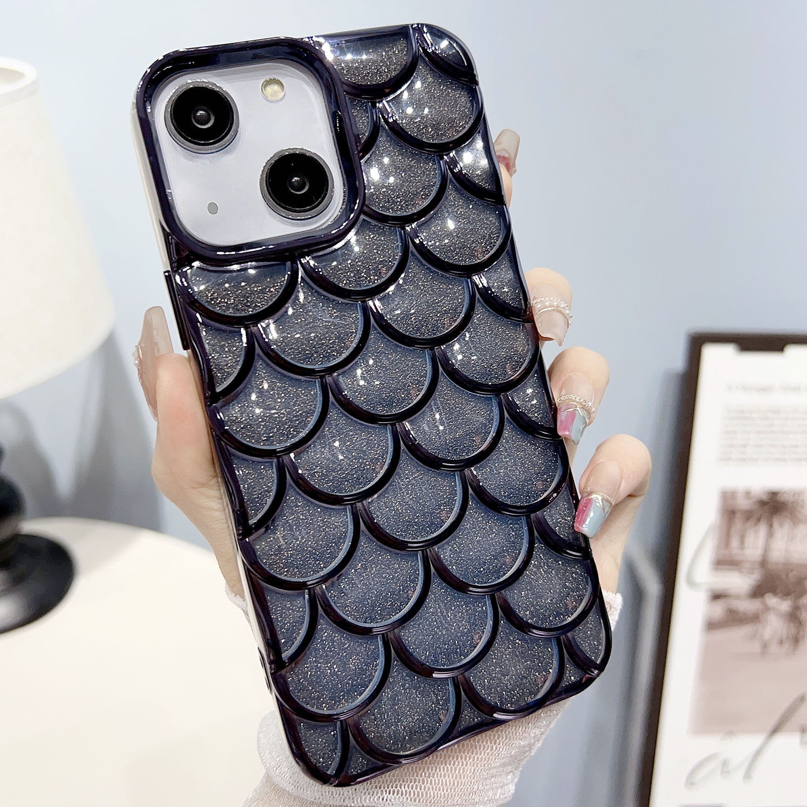 For iPhone 13 Mermaid Scale Electroplated Glitter Paper Phone Case(Black) - Shopkiz.com
