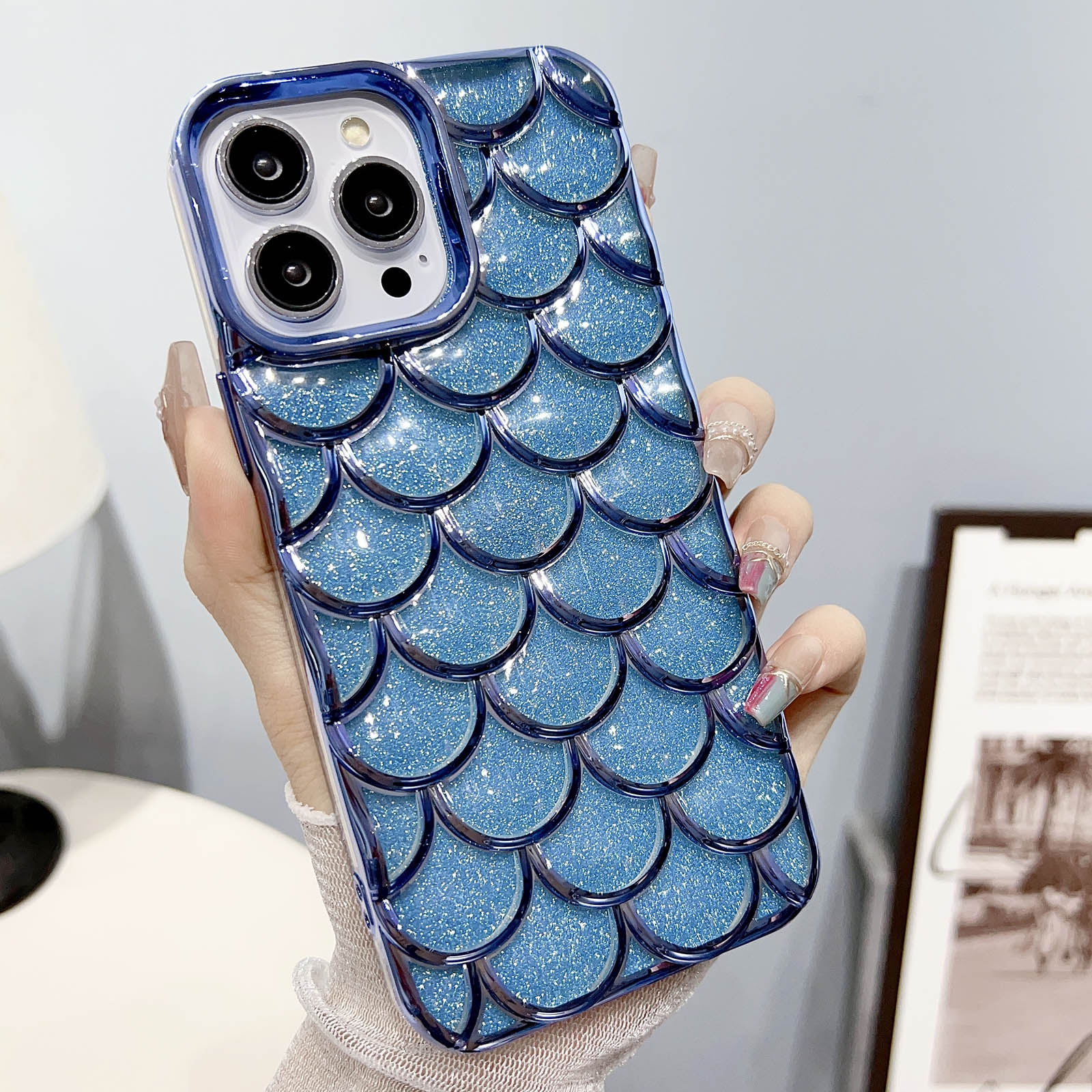 For iPhone 13 Pro Max Mermaid Scale Electroplated Glitter Paper Phone Case(Blue) - Shopkiz.com