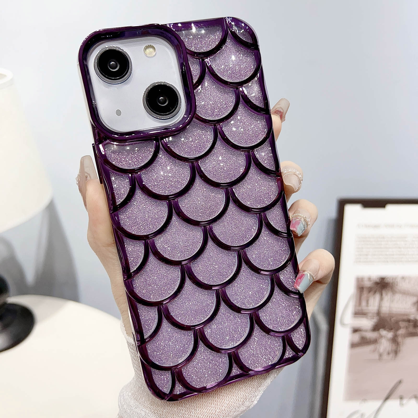 For iPhone 14 Mermaid Scale Electroplated Glitter Paper Phone Case(Purple) - Shopkiz.com