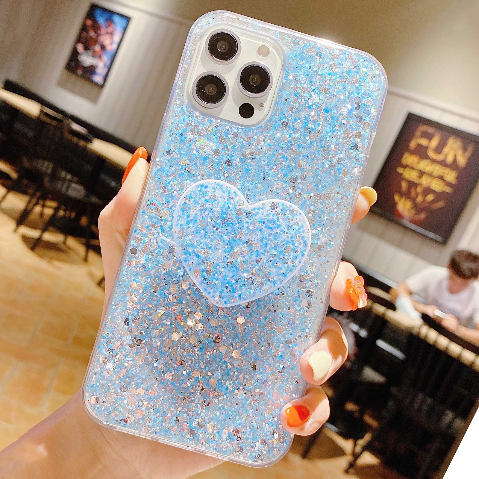 For iPhone 15 Pro Max Starry Sequin Heart Stand Epoxy TPU Phone Case(Blue) - Shopkiz.com