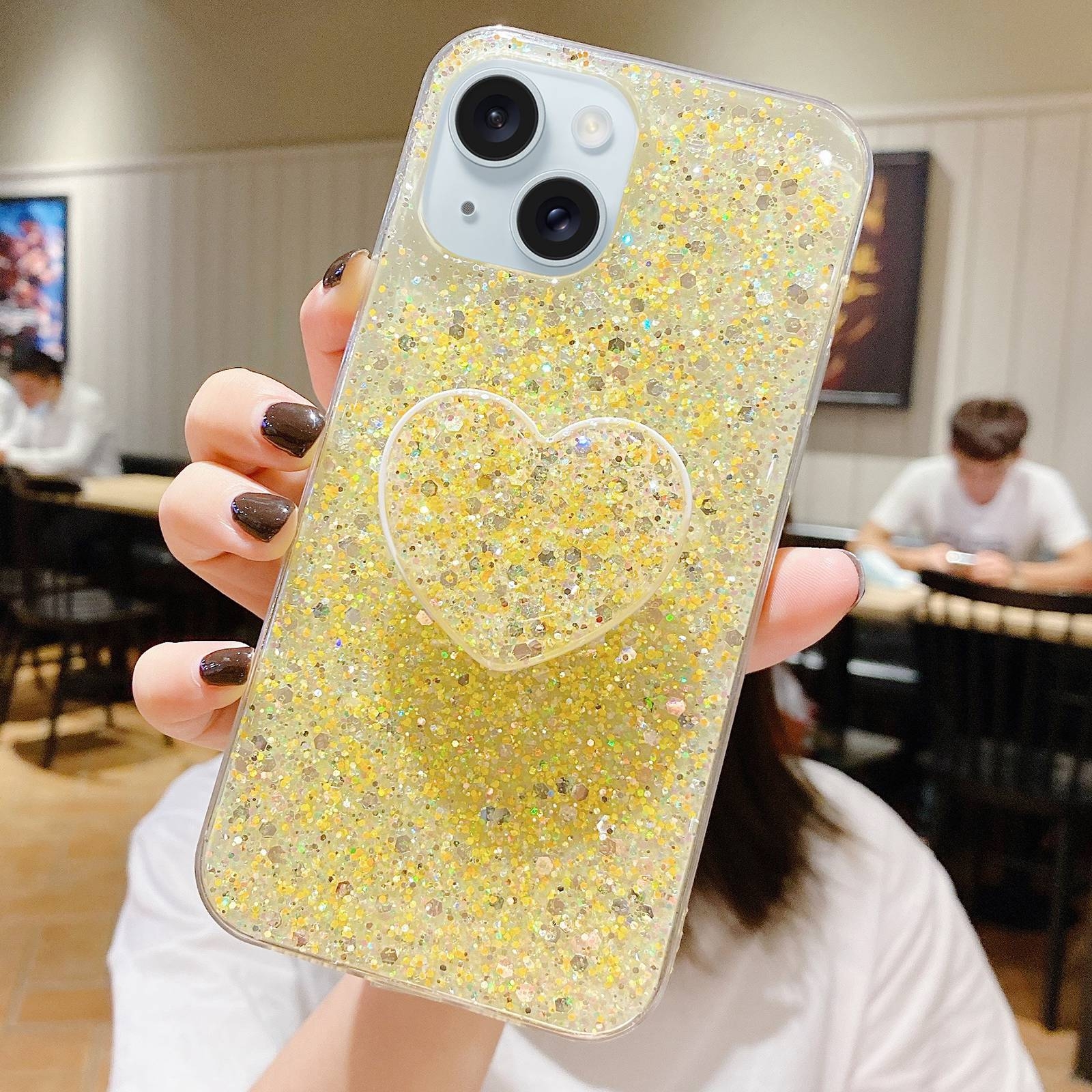 For iPhone 15 Starry Sequin Heart Stand Epoxy TPU Phone Case(Yellow) - Shopkiz.com