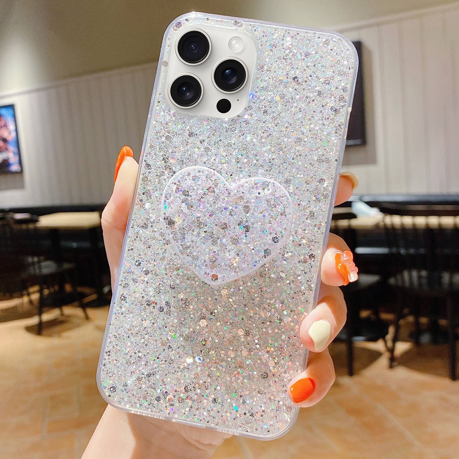 For iPhone 11 Pro Max Starry Sequin Heart Stand Epoxy TPU Phone Case(Silver) - Shopkiz.com