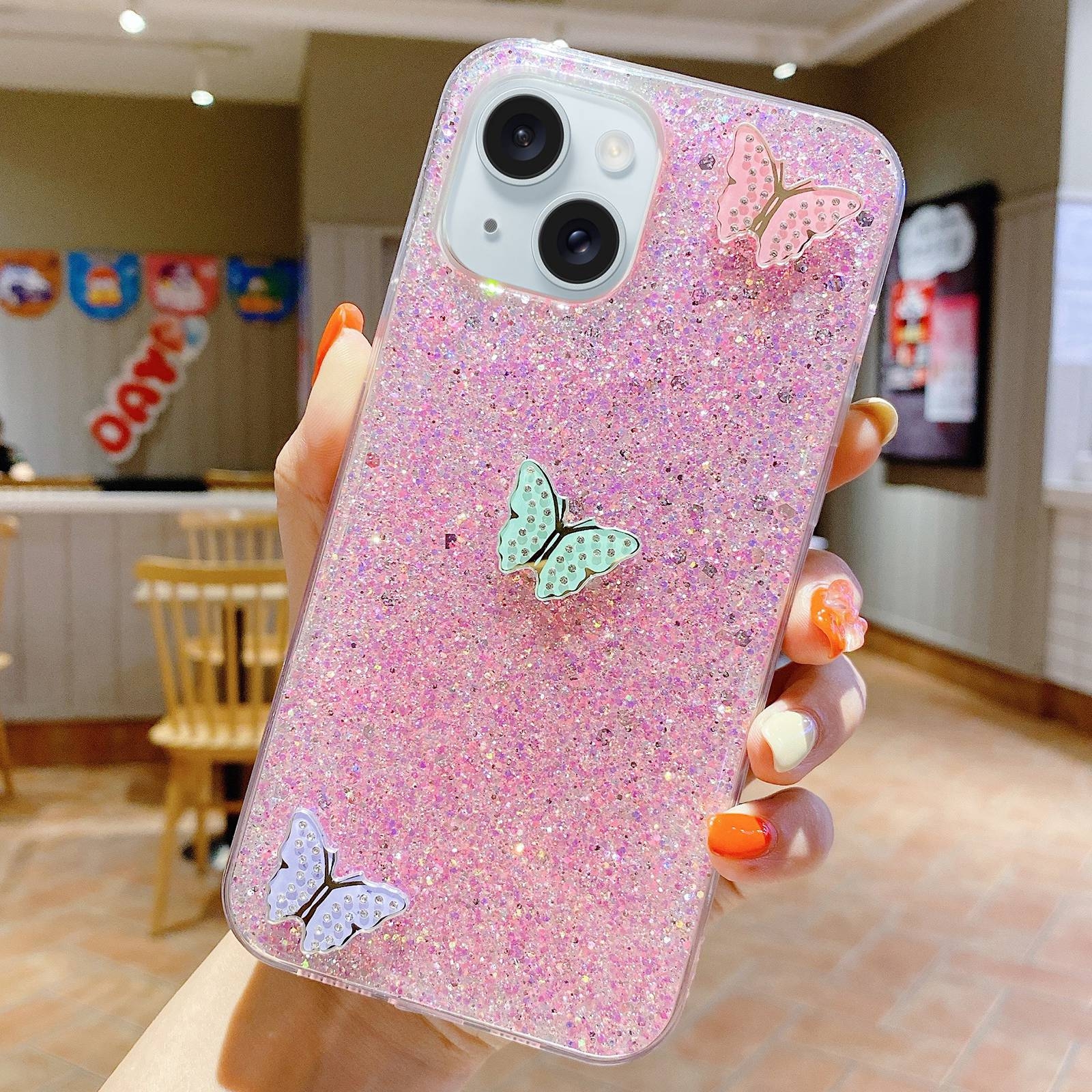 For iPhone 15 Plus Starry Sequin Rhinestones Color Butterflies Epoxy TPU Phone Case(Pink) - Shopkiz.com