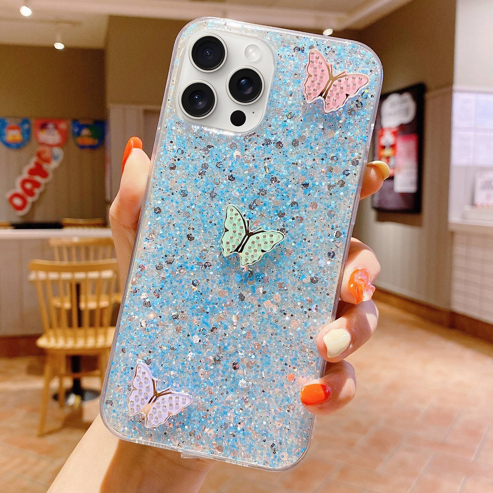 For iPhone 14 Pro Max Starry Sequin Rhinestones Color Butterflies Epoxy TPU Phone Case(Blue) - Shopkiz.com