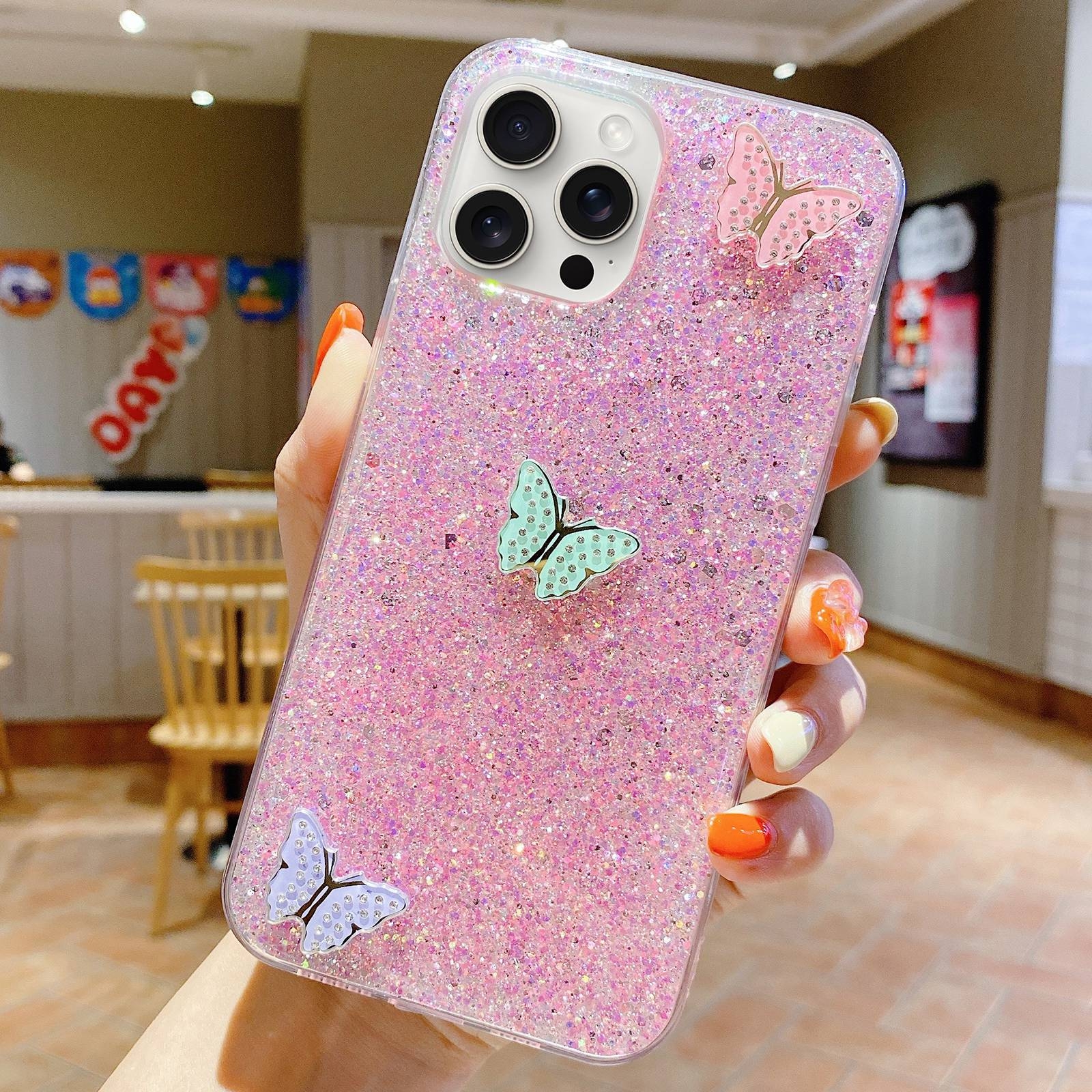 For iPhone 13 Pro Max Starry Sequin Rhinestones Color Butterflies Epoxy TPU Phone Case(Pink) - Shopkiz.com