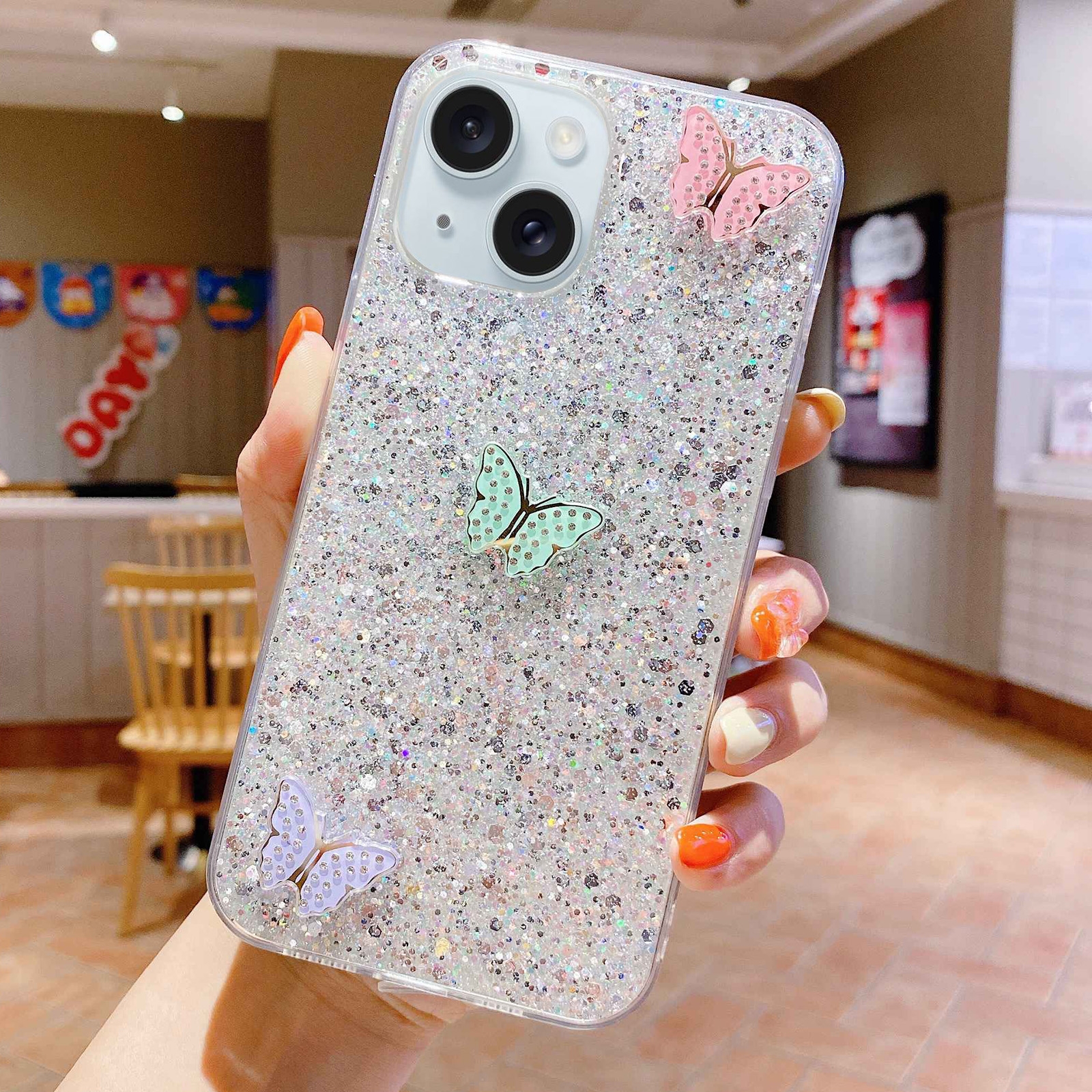 For iPhone 13 mini Starry Sequin Rhinestones Color Butterflies Epoxy TPU Phone Case(Silver) - Shopkiz.com