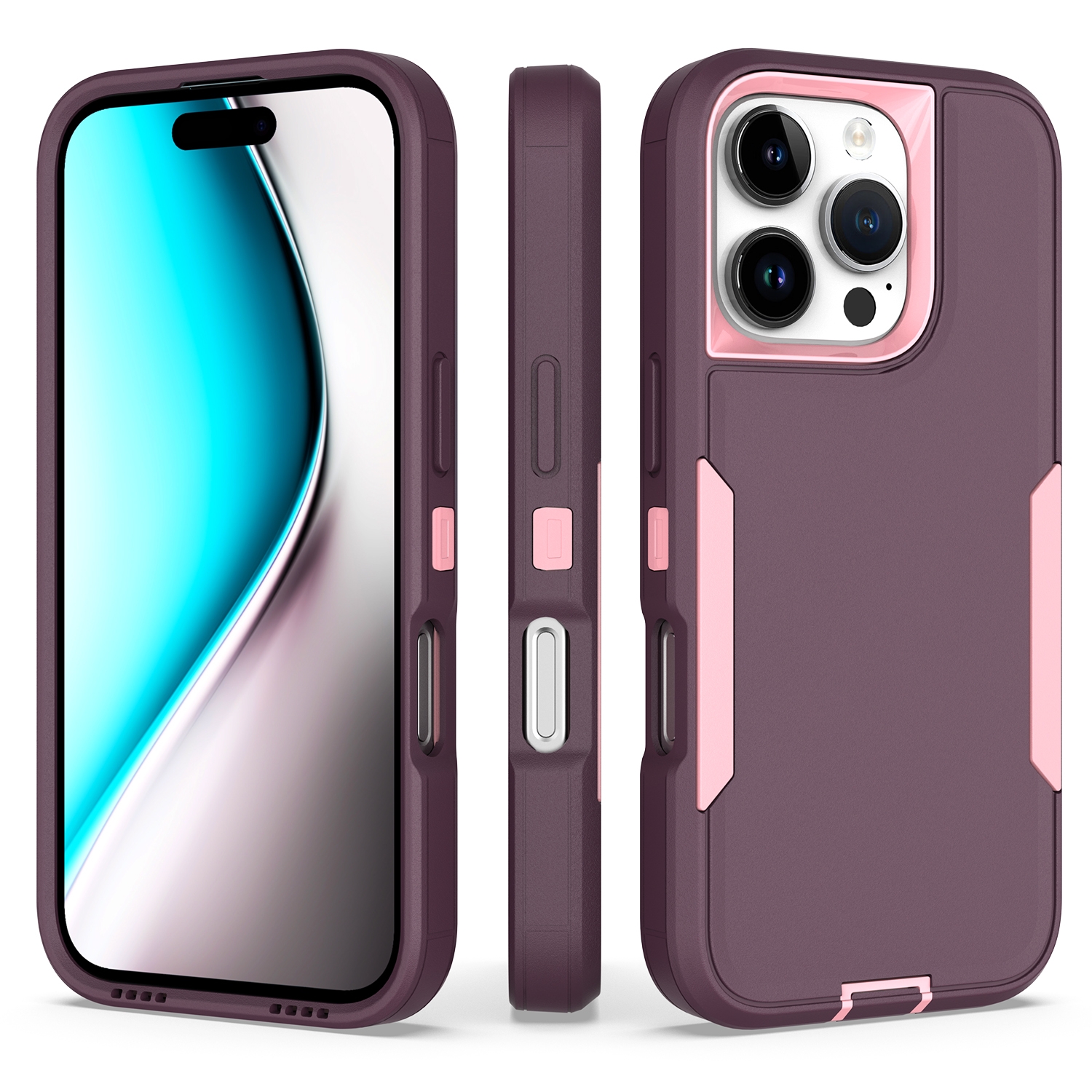 For iPhone 16 Pro 2 in 1 PC Hybrid TPU Phone Case(Purple Red+Pink) - Shopkiz.com