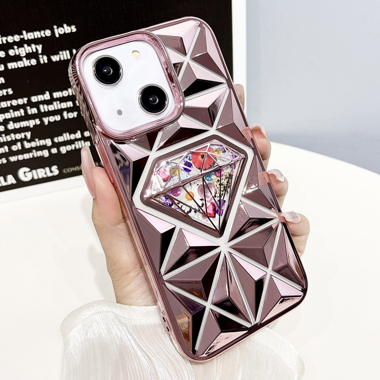 For iPhone 14 Diamond Electroplated Diamond Paper Phone Case(Pink) - Shopkiz.com
