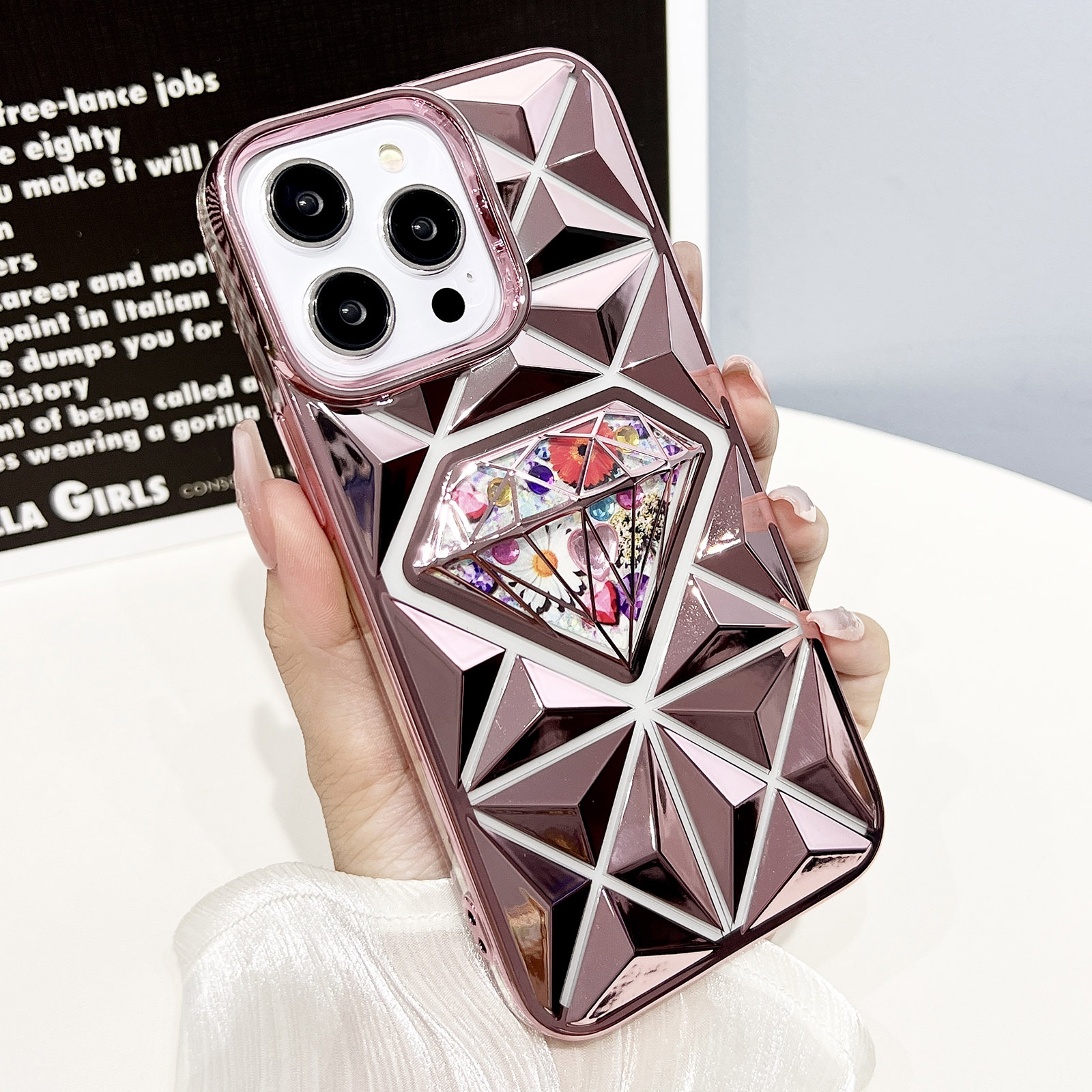 For iPhone 13 Pro Max Diamond Electroplated Diamond Paper Phone Case(Pink) - Shopkiz.com
