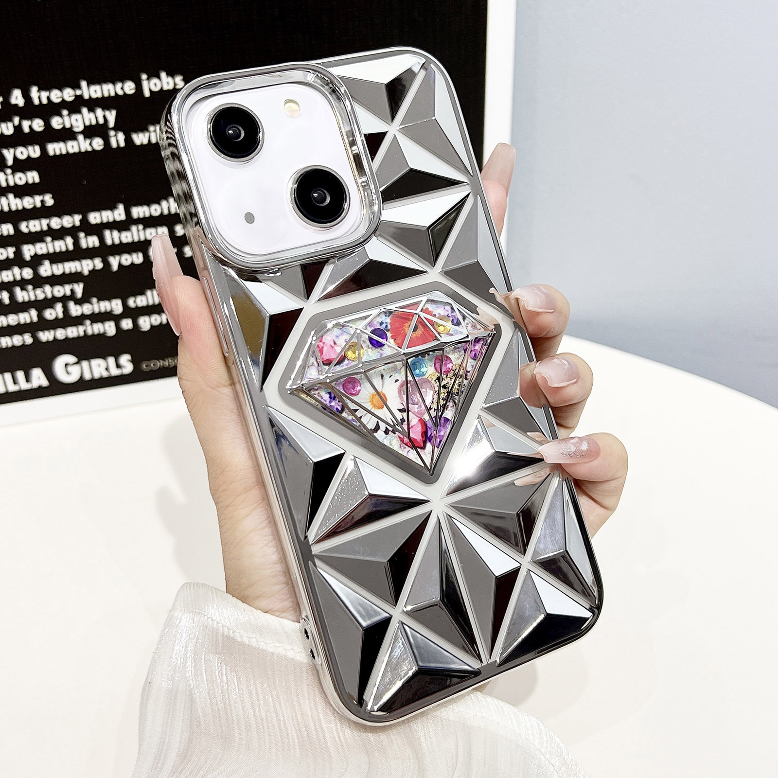 For iPhone 13 Diamond Electroplated Diamond Paper Phone Case(Silver) - Shopkiz.com