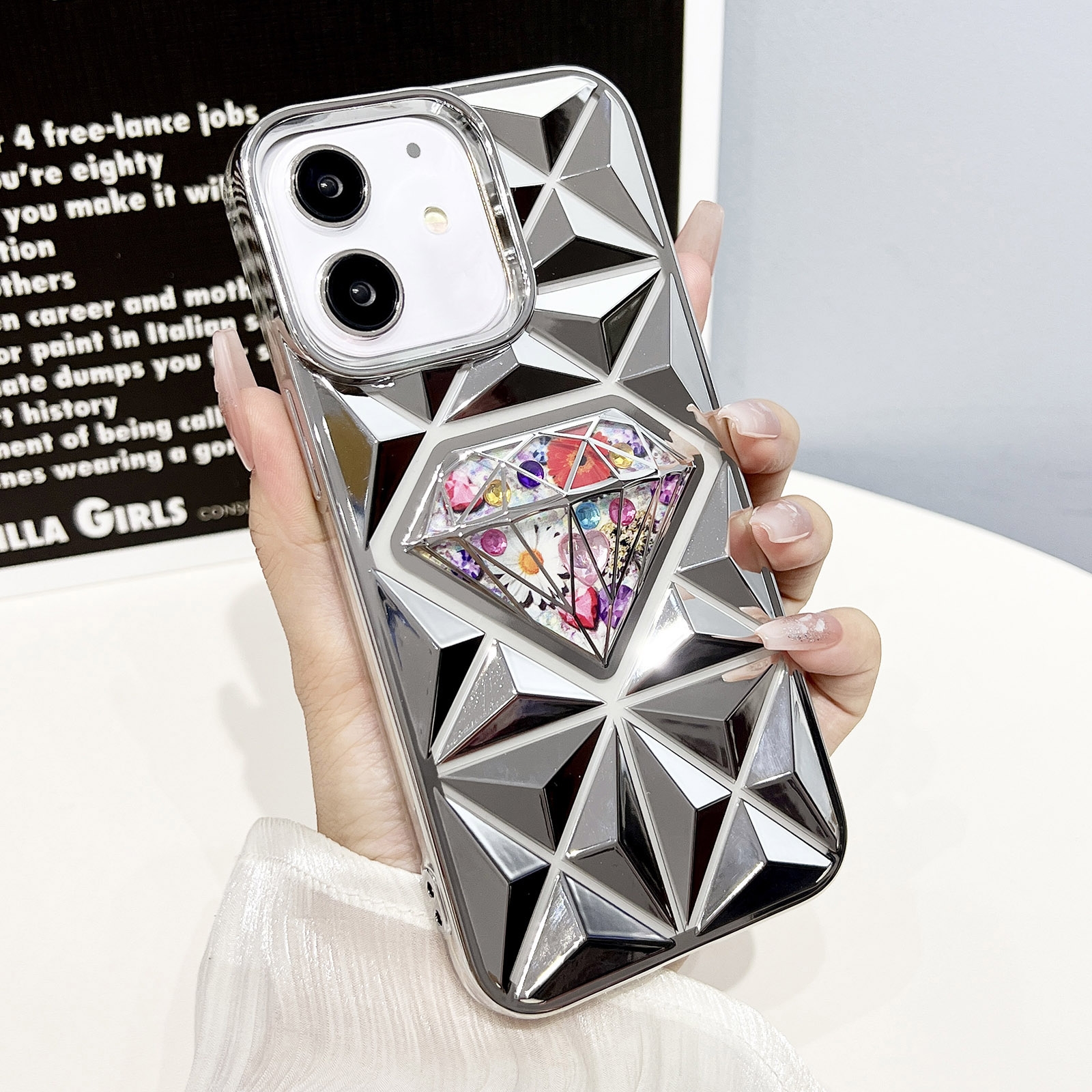 For iPhone 12 Diamond Electroplated Diamond Paper Phone Case(Silver) - Shopkiz.com