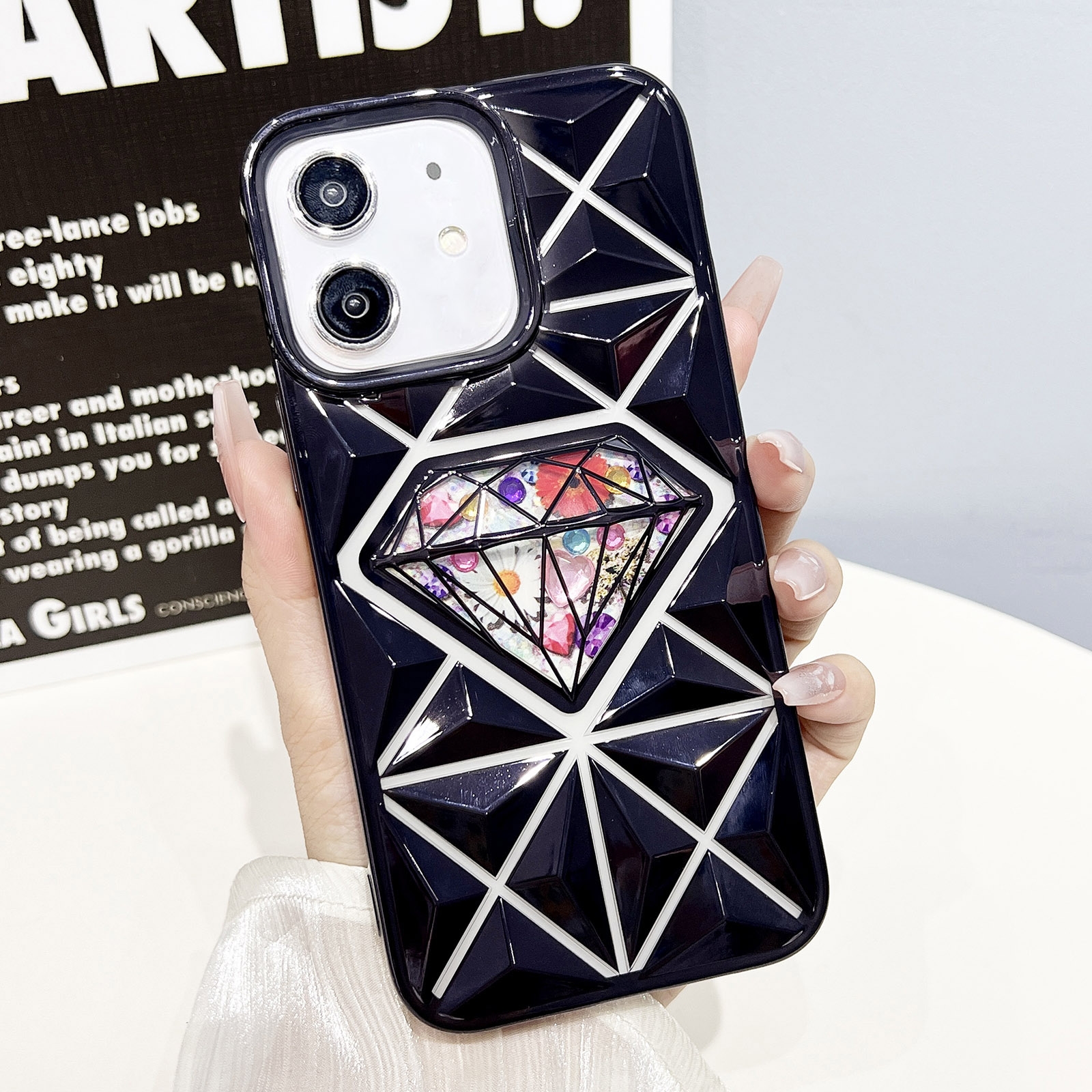 For iPhone 12 Diamond Electroplated Diamond Paper Phone Case(Black) - Shopkiz.com