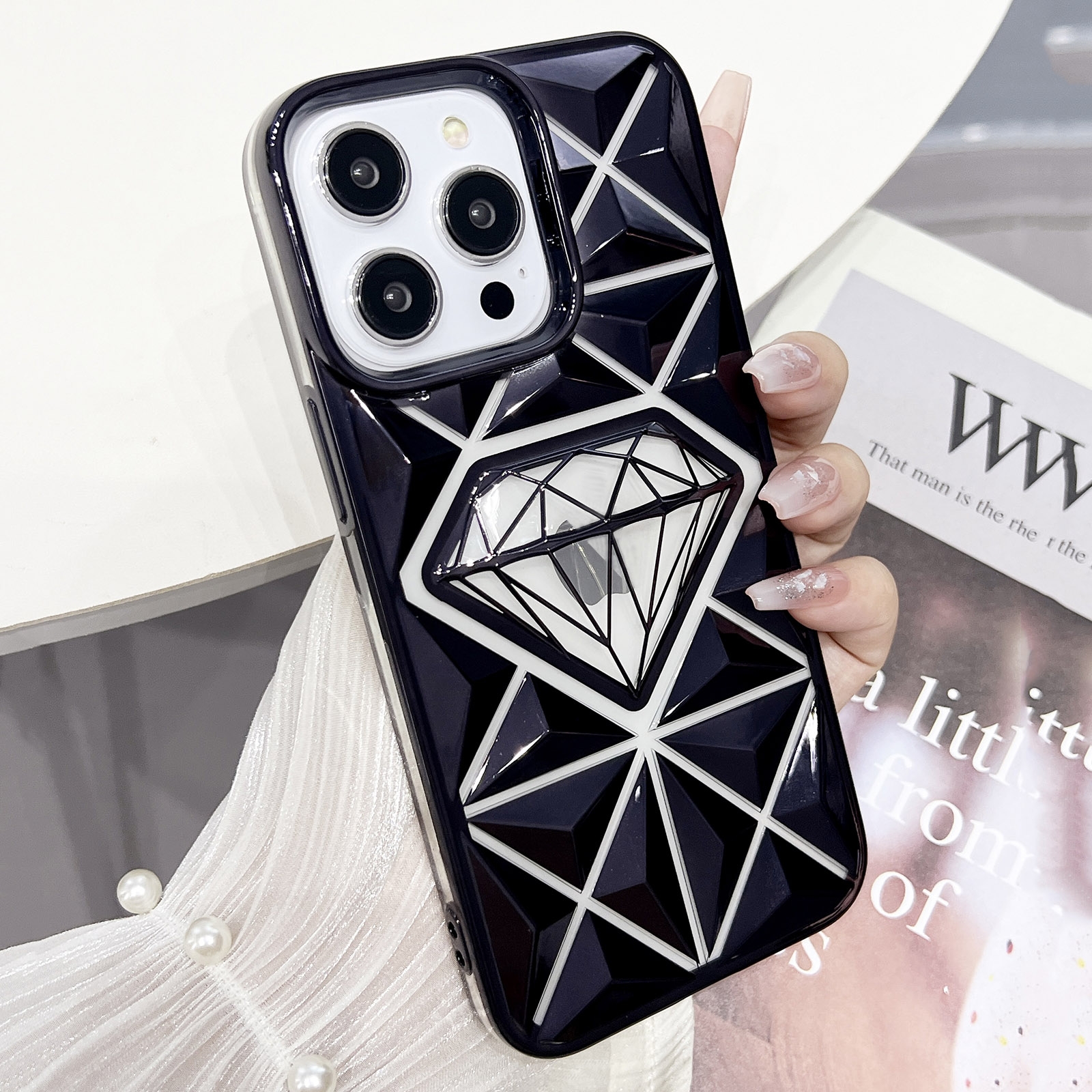 For iPhone 13 Pro Max Diamond Electroplated Laser Carving Phone Case(Black) - Shopkiz.com