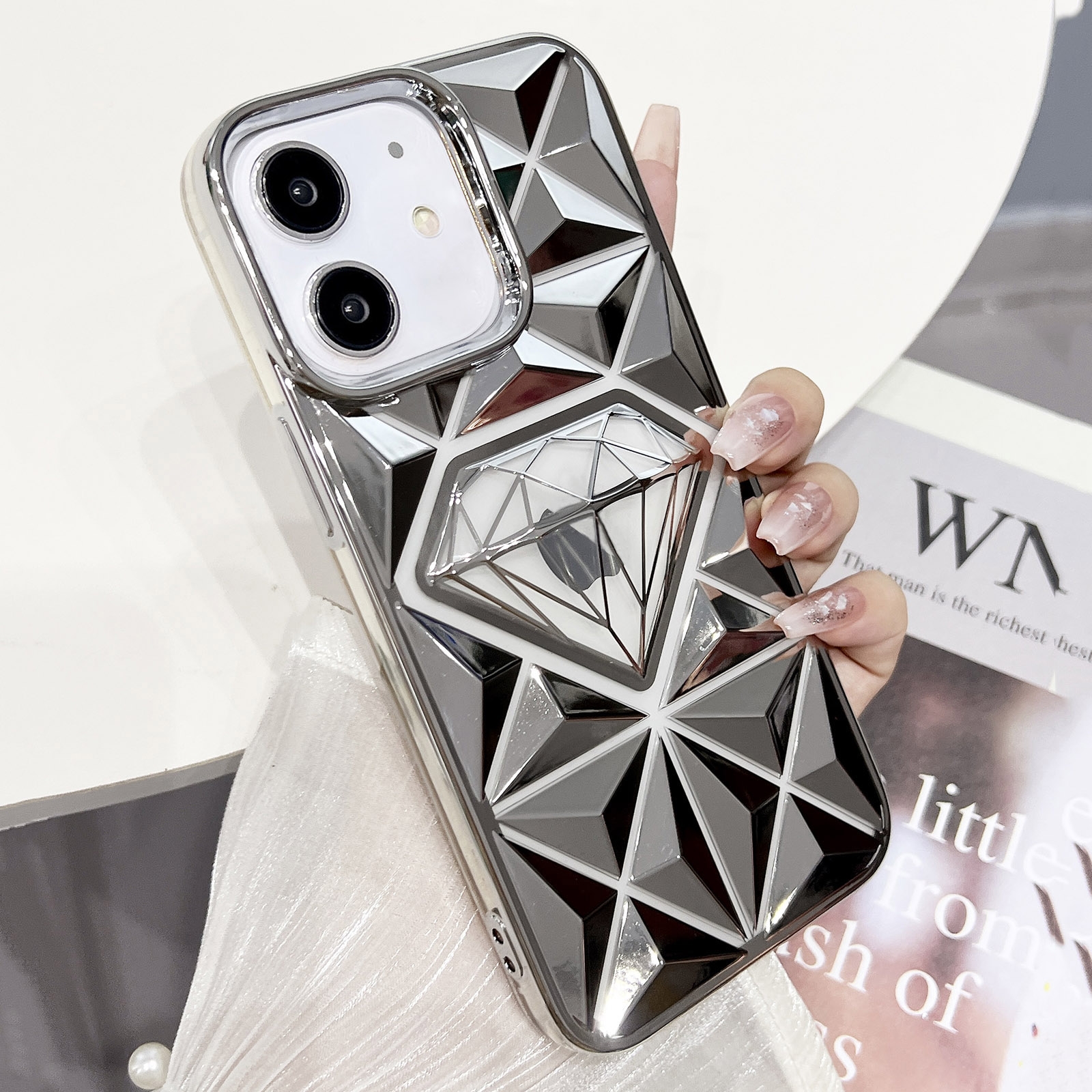 For iPhone 12 Diamond Electroplated Laser Carving Phone Case(Silver) - Shopkiz.com