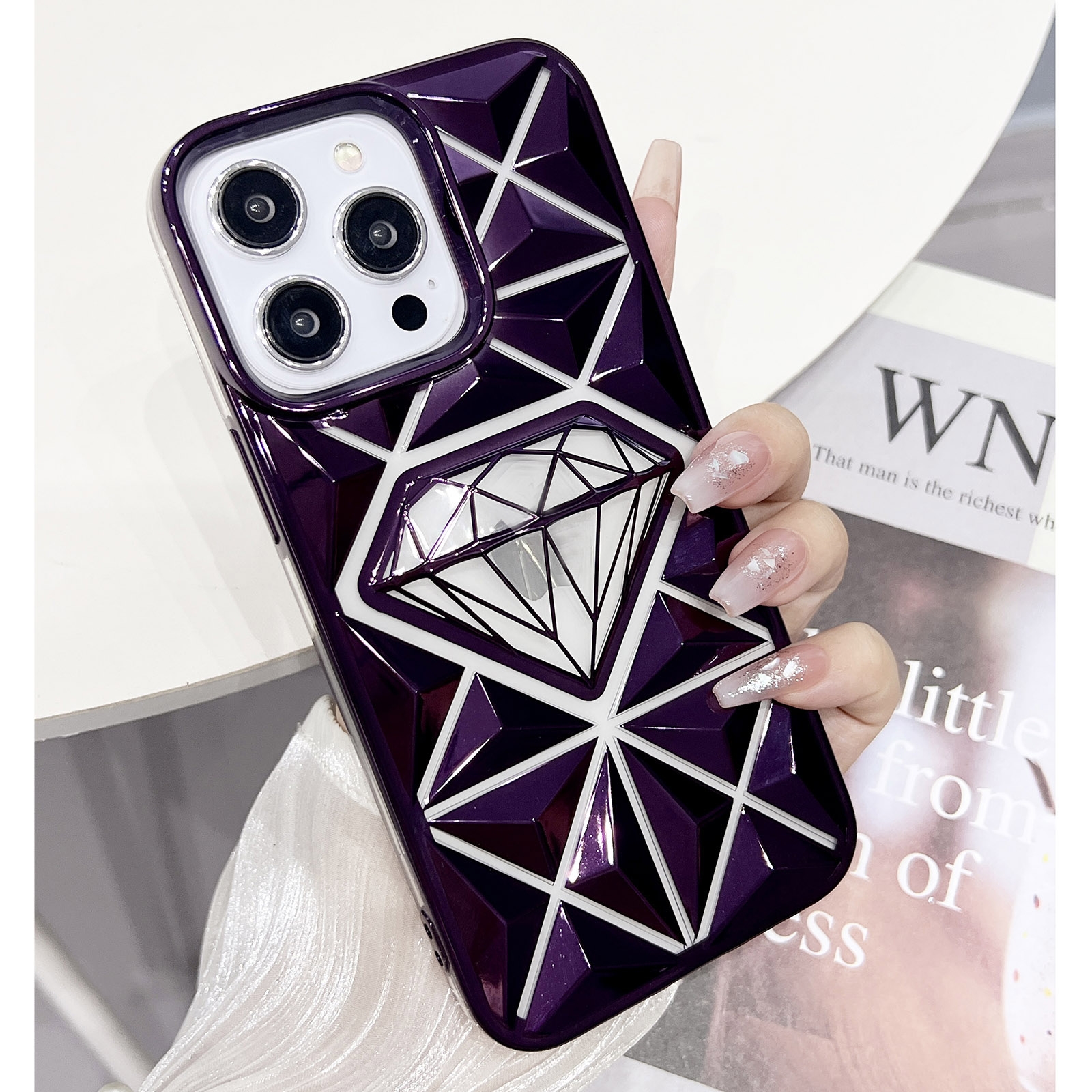 For iPhone 14 Pro Max Diamond Electroplated Laser Carving Phone Case(Purple) - Shopkiz.com