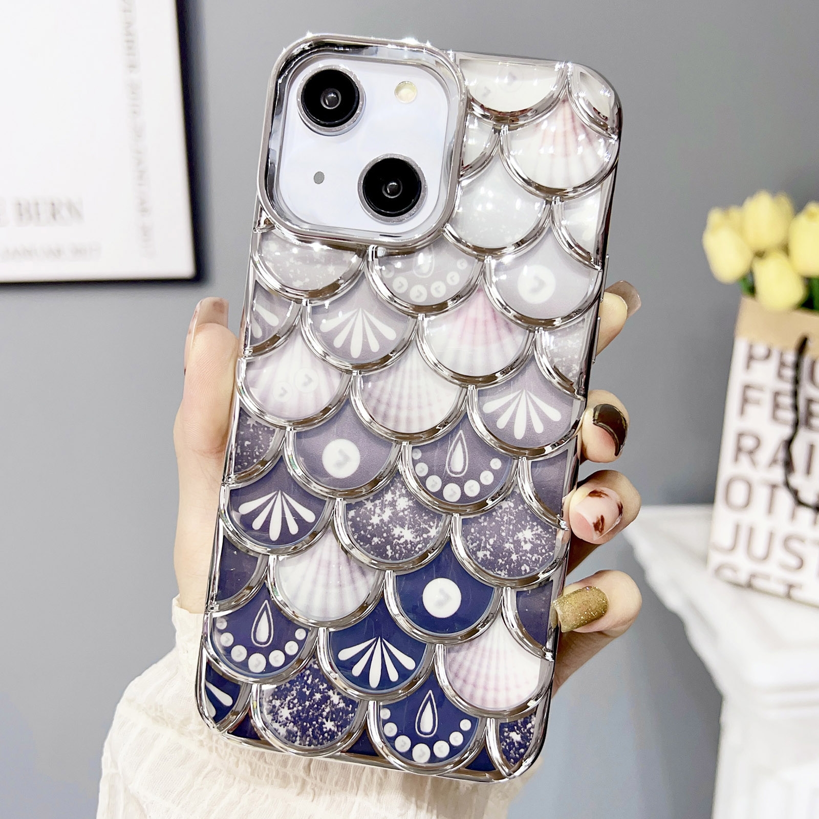 For iPhone 14 Mermaid Scale Electroplated Laser Carving Phone Case(Silver) - Shopkiz.com