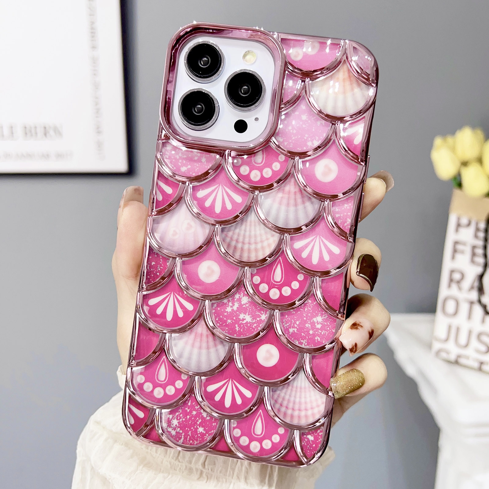 For iPhone 13 Pro Max Mermaid Scale Electroplated Laser Carving Phone Case(Pink) - Shopkiz.com