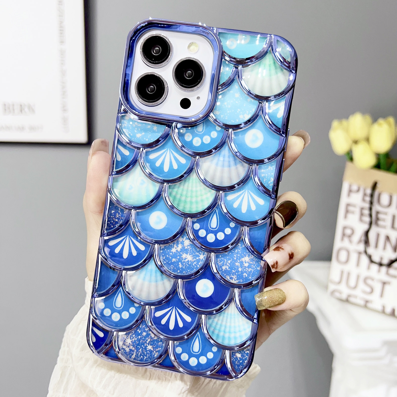 For iPhone 13 Pro Mermaid Scale Electroplated Laser Carving Phone Case(Blue) - Shopkiz.com