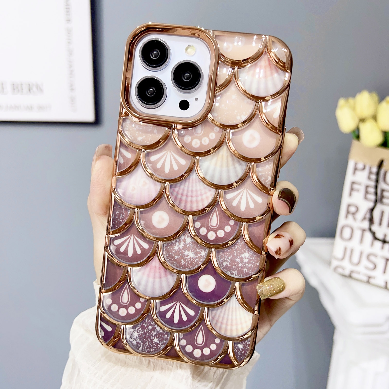 For iPhone 13 Pro Mermaid Scale Electroplated Laser Carving Phone Case(Gold) - Shopkiz.com