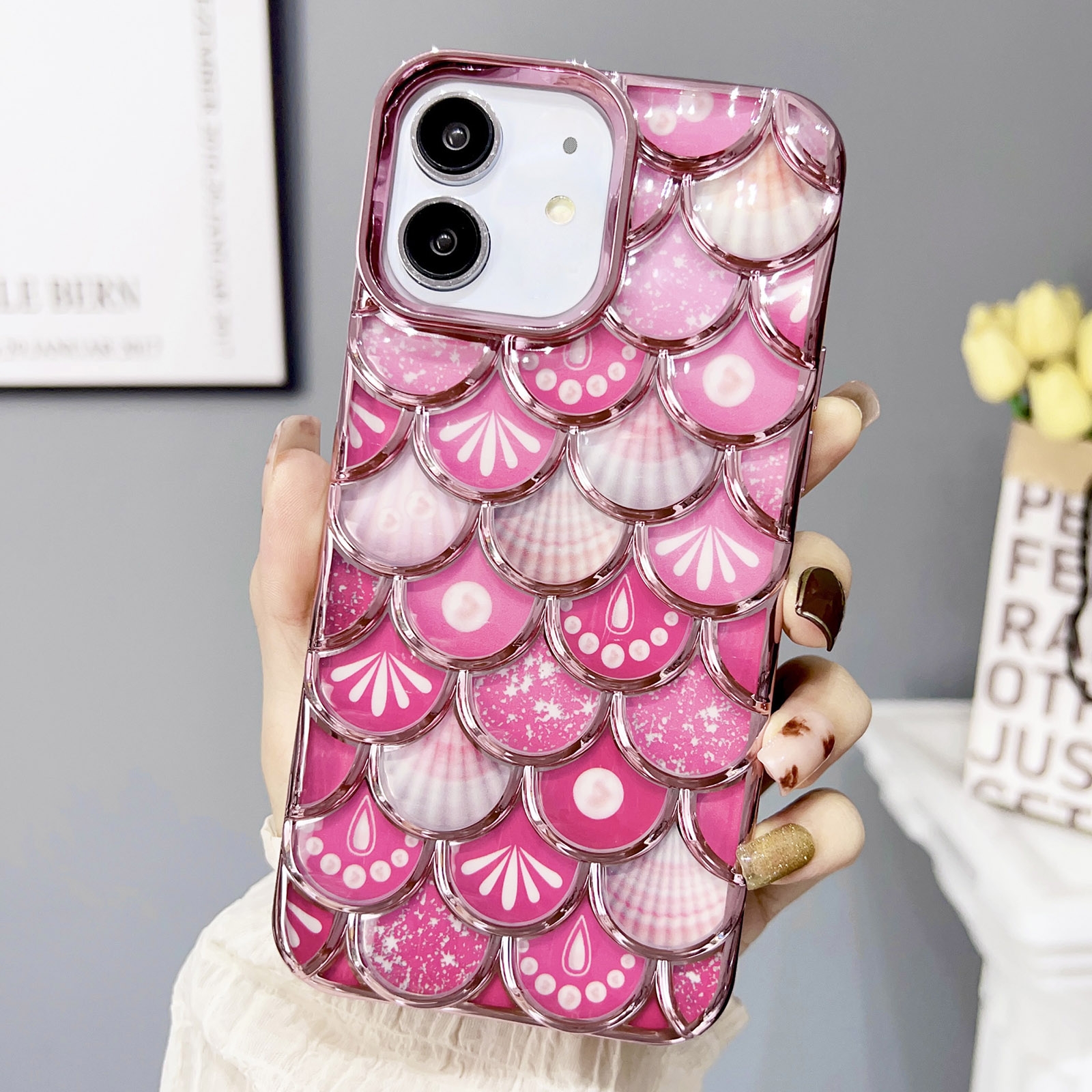 For iPhone 11 Mermaid Scale Electroplated Laser Carving Phone Case(Pink) - Shopkiz.com
