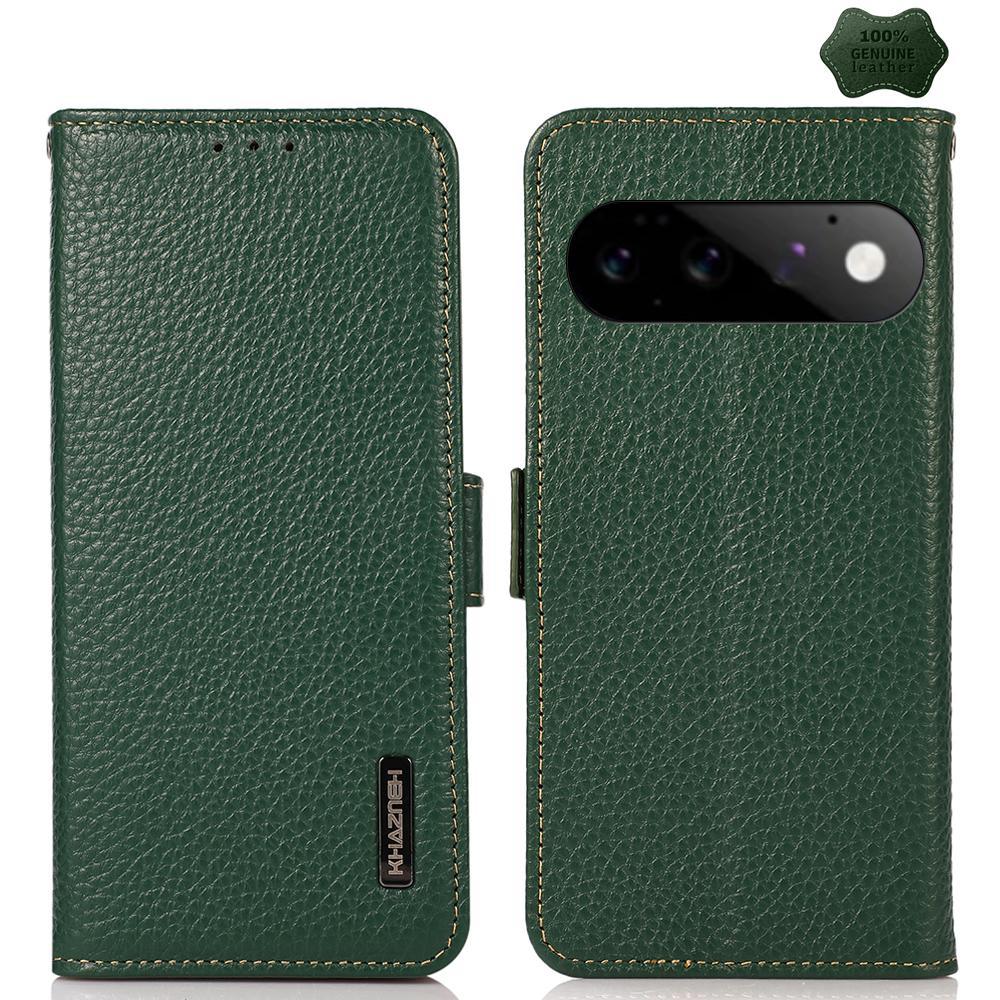 For Google Pixel 11 KHAZNEH Side-Magnetic Litchi Genuine Leather RFID Phone Case(Green) - Shopkiz.com