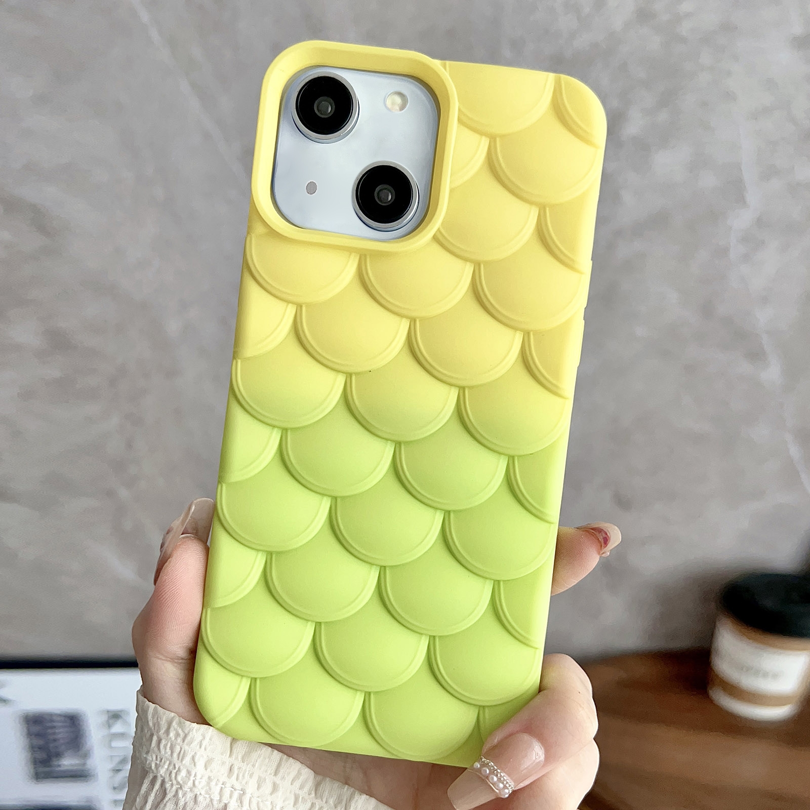 For iPhone 14 Gradient Mermaid Scale Skin Feel Phone Case(Green Yellow) - Shopkiz.com