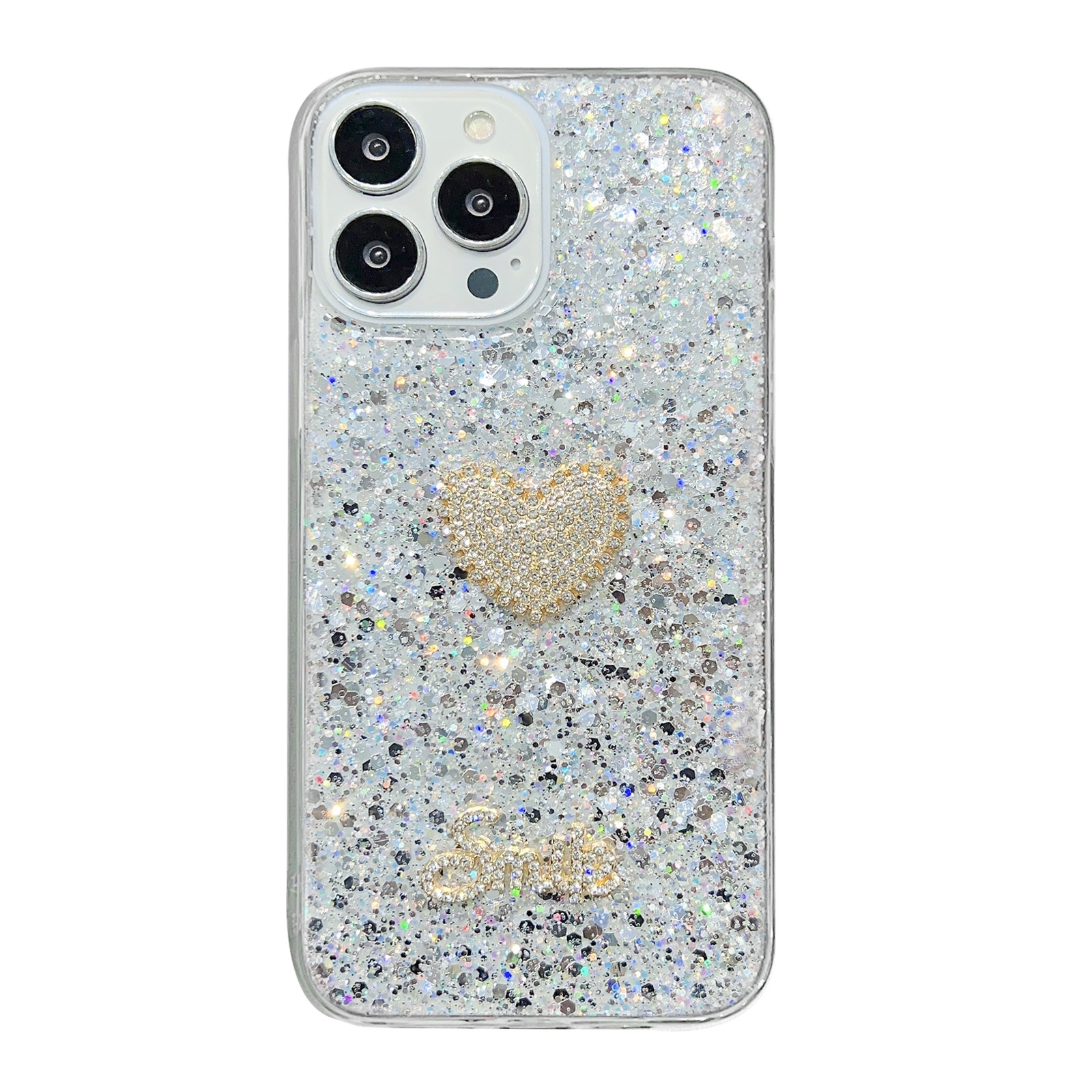 For iPhone 13 Pro Max Starry Sequin Diamond Heart Epoxy TPU Phone Case(Silver) - Shopkiz.com